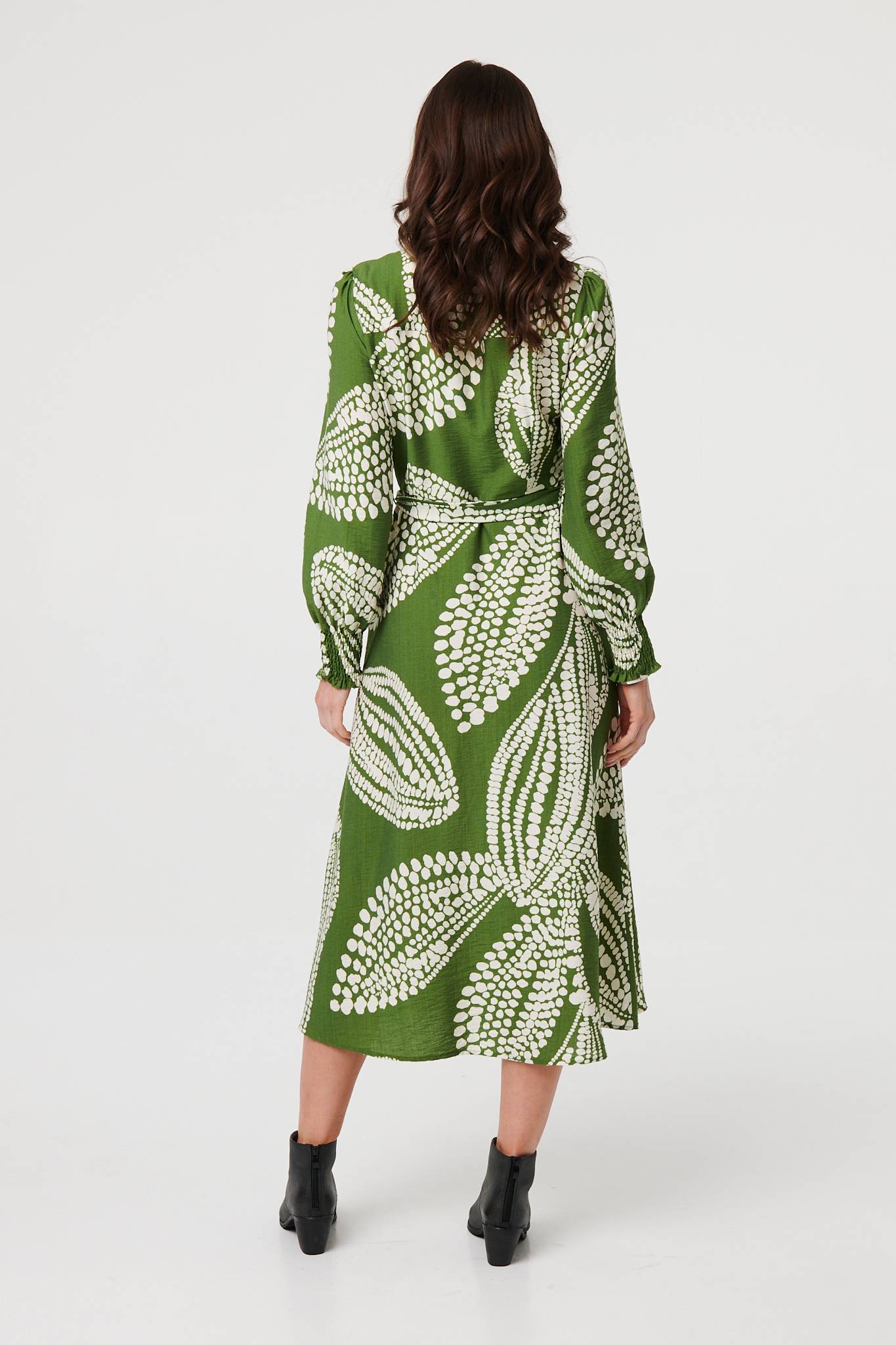 Printed Balloon Sleeve Midi Shirt Dress Detail View