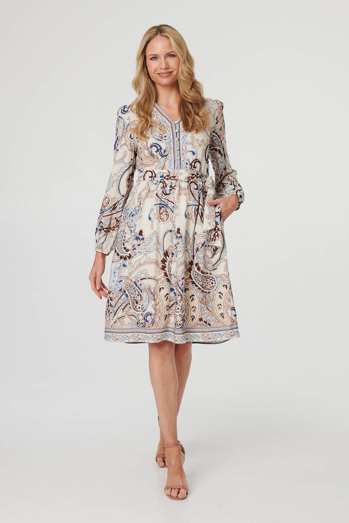 Abstract Tie Waist Knee Length Dress Front View