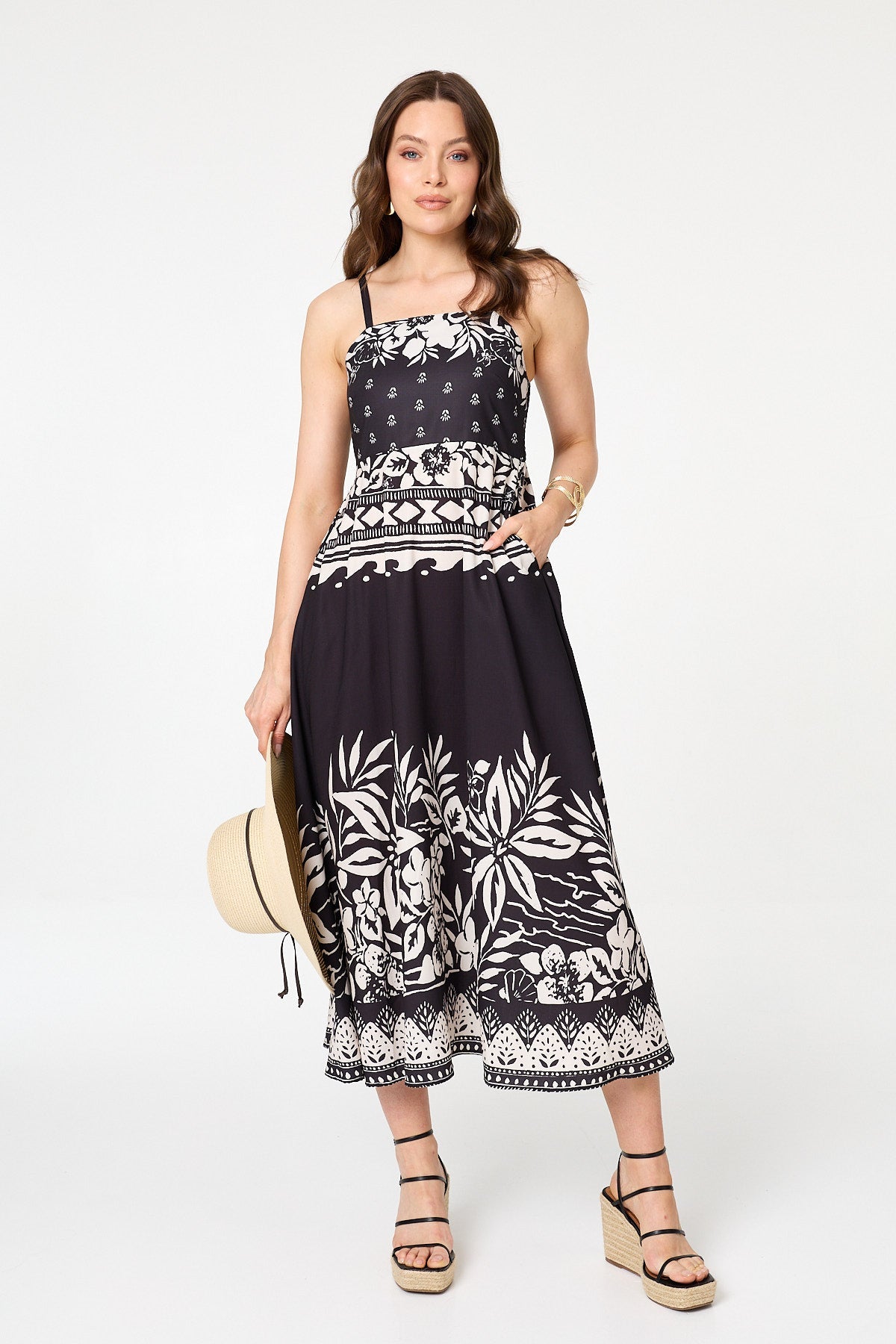 Border Print Sleeveless Cami Midi Dress Front View