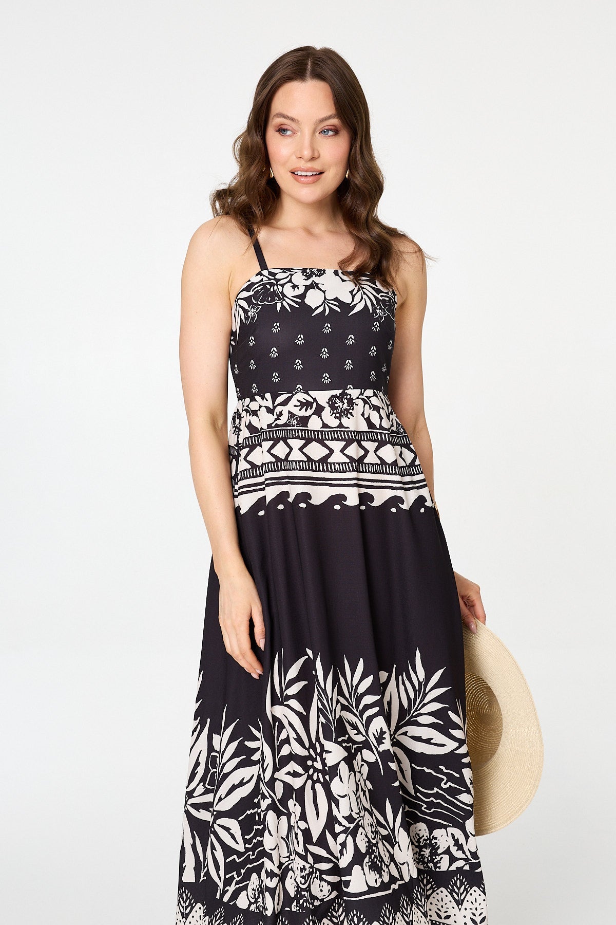 Border Print Sleeveless Cami Midi Dress Back View