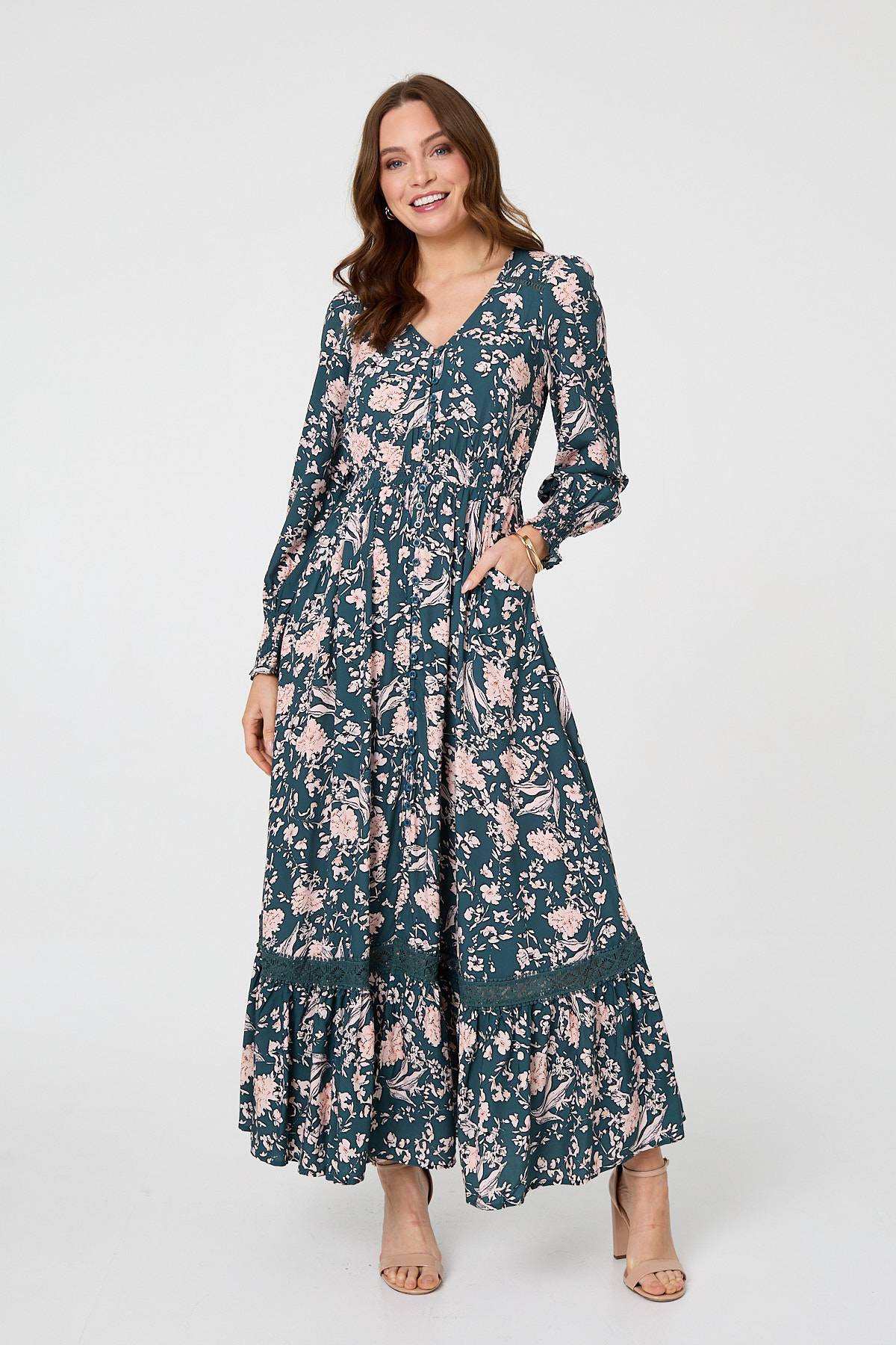 Floral Long Sleeve Lace Maxi Dress Front View