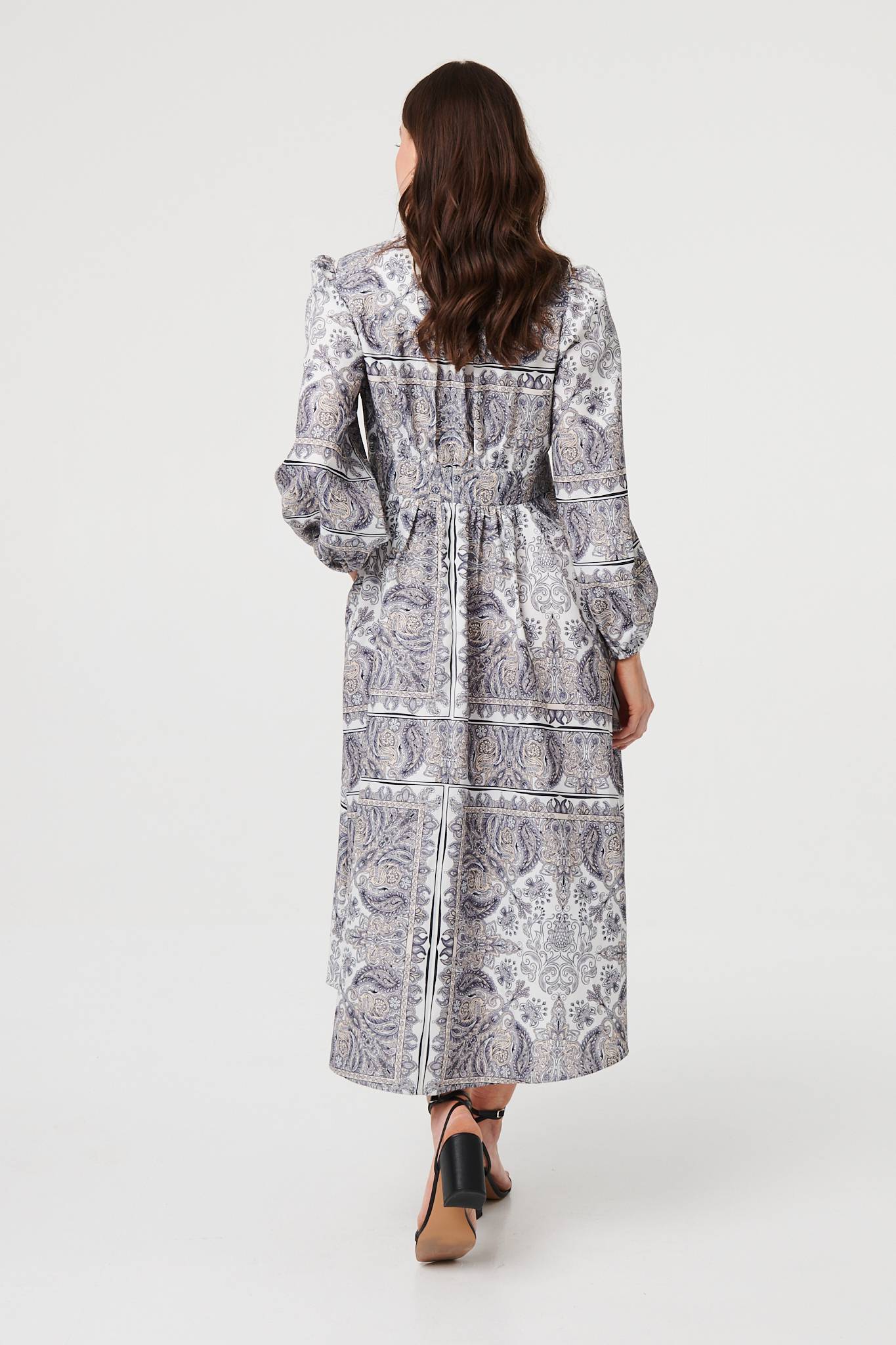 Printed Long Sleeve Shirred Midi Dress Side View