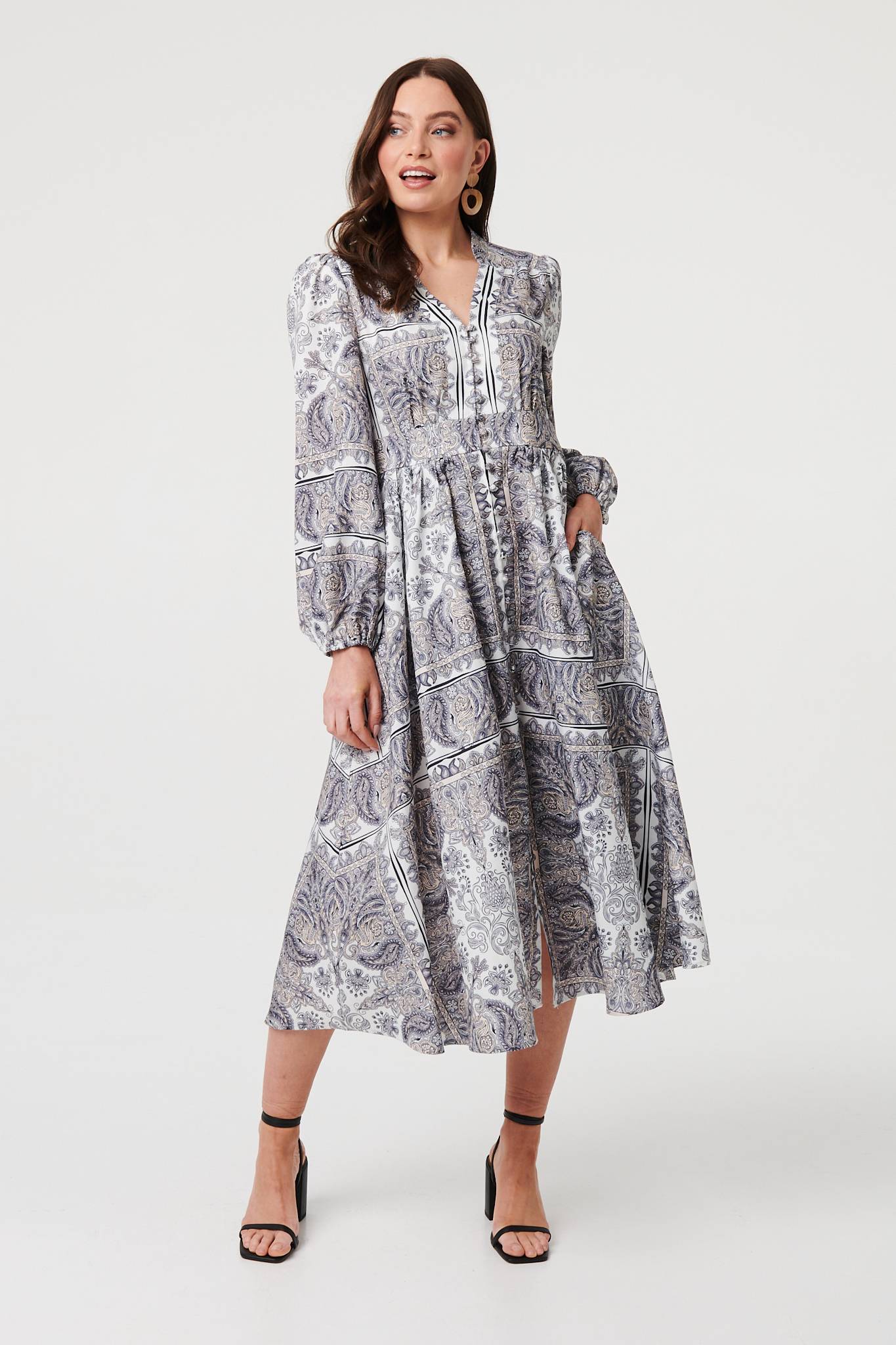 Printed Long Sleeve Shirred Midi Dress Front View
