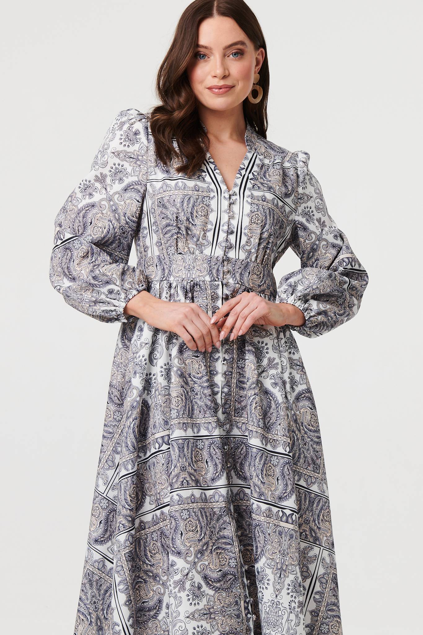 Printed Long Sleeve Shirred Midi Dress Styled View