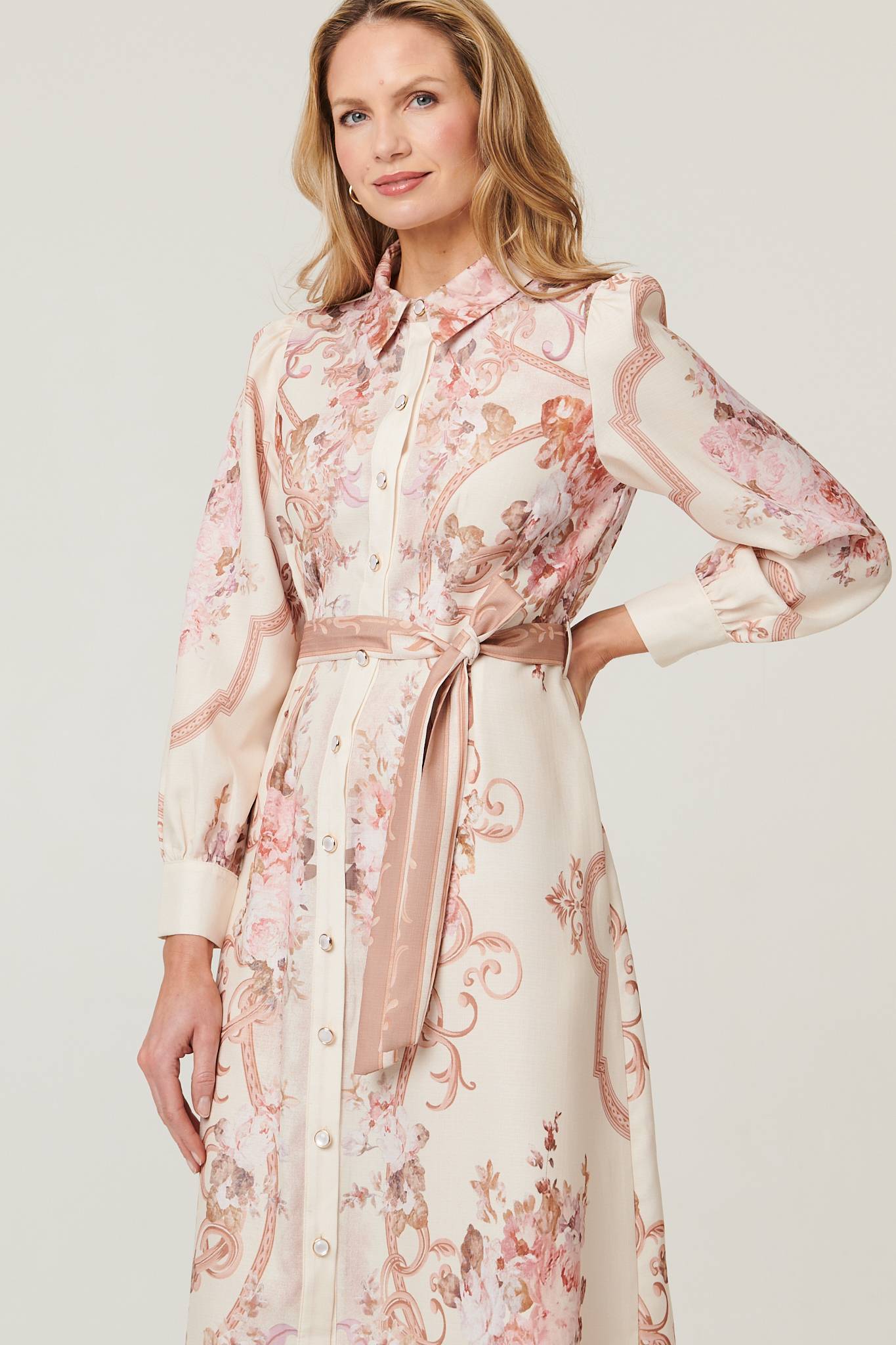 Floral Long Sleeve Tie Waist Midi Dress Full Length View