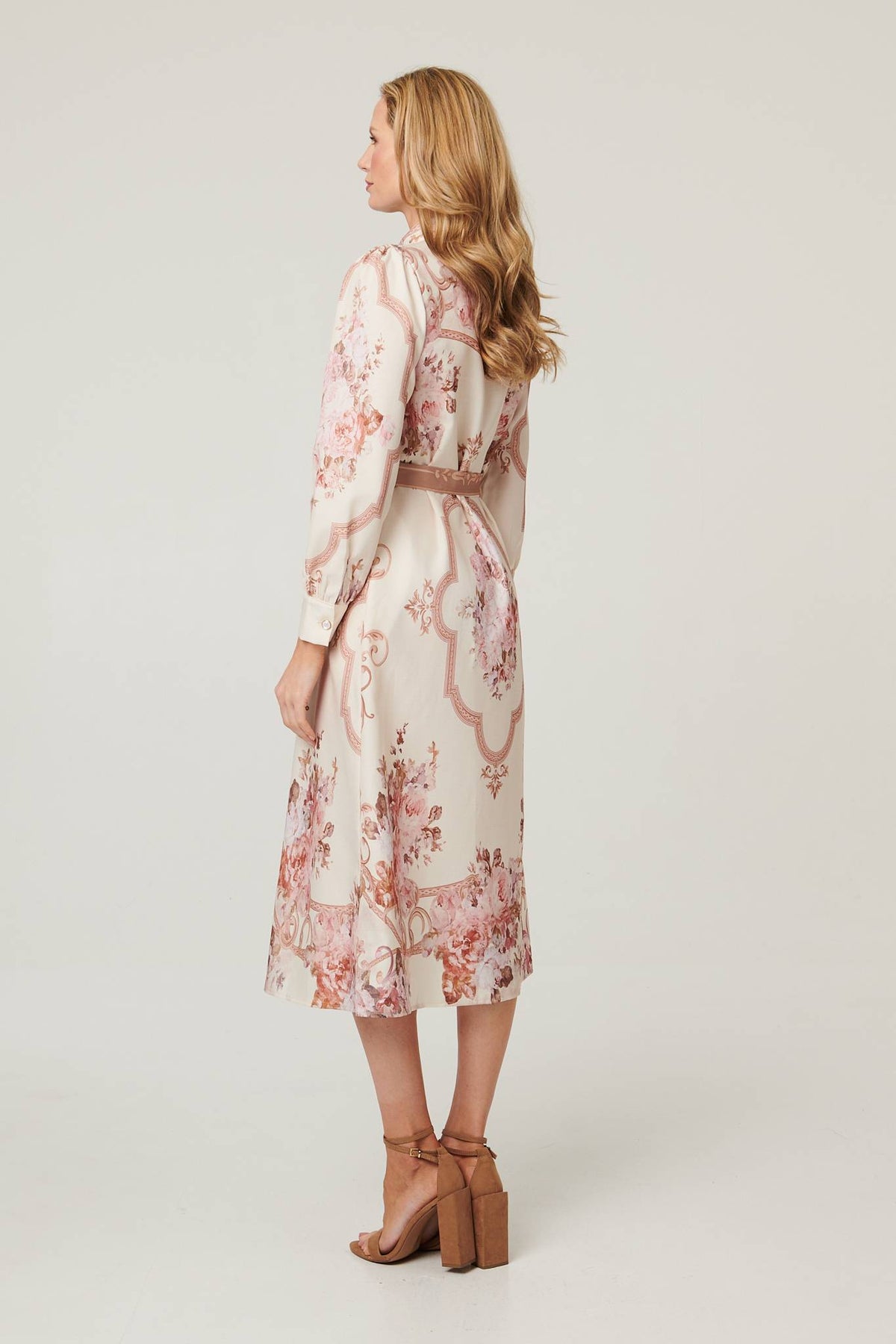 Floral Long Sleeve Tie Waist Midi Dress Detail View