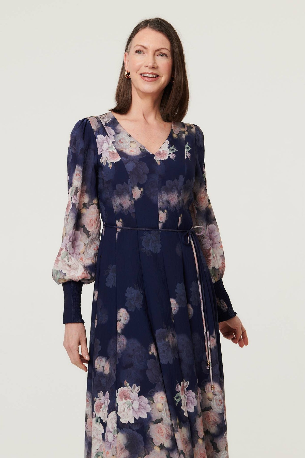 Floral Long Balloon Sleeve Midi Dress Back View