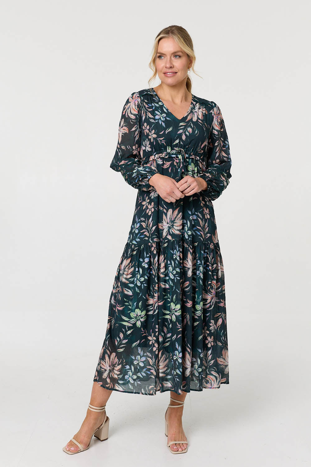 Floral Long Sleeve Relaxed Maxi Dress Front View