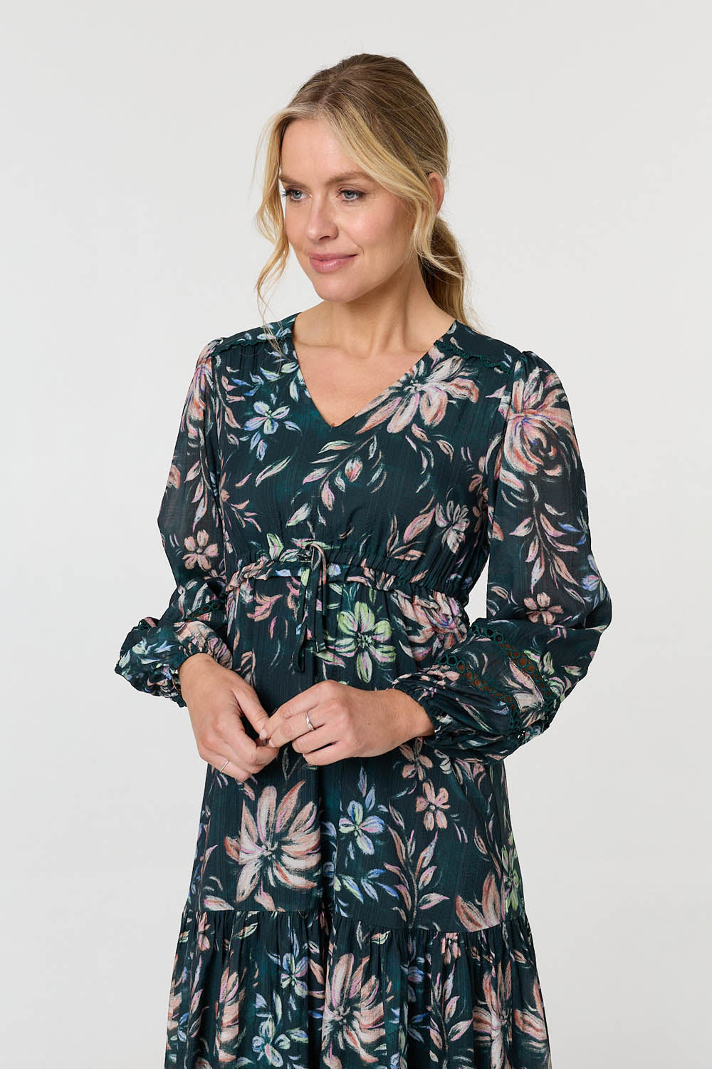 Floral Long Sleeve Relaxed Maxi Dress Detail View