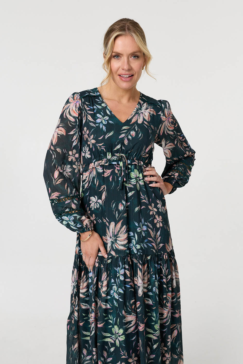Floral Long Sleeve Relaxed Maxi Dress Back View