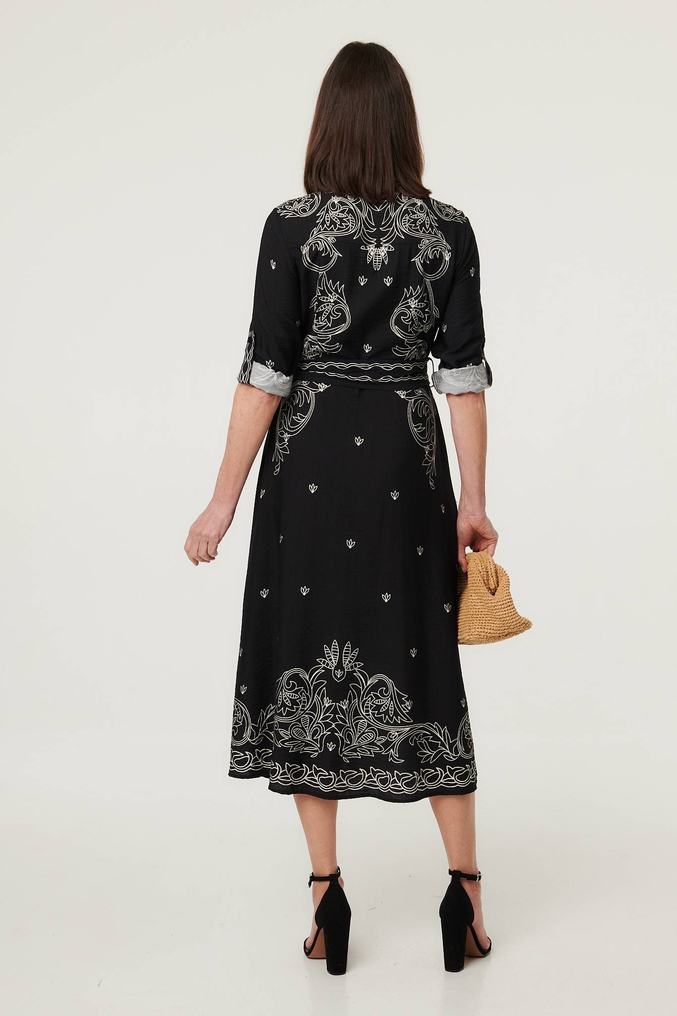 Border Print Tie Waist Midi Shirt Dress Detail View