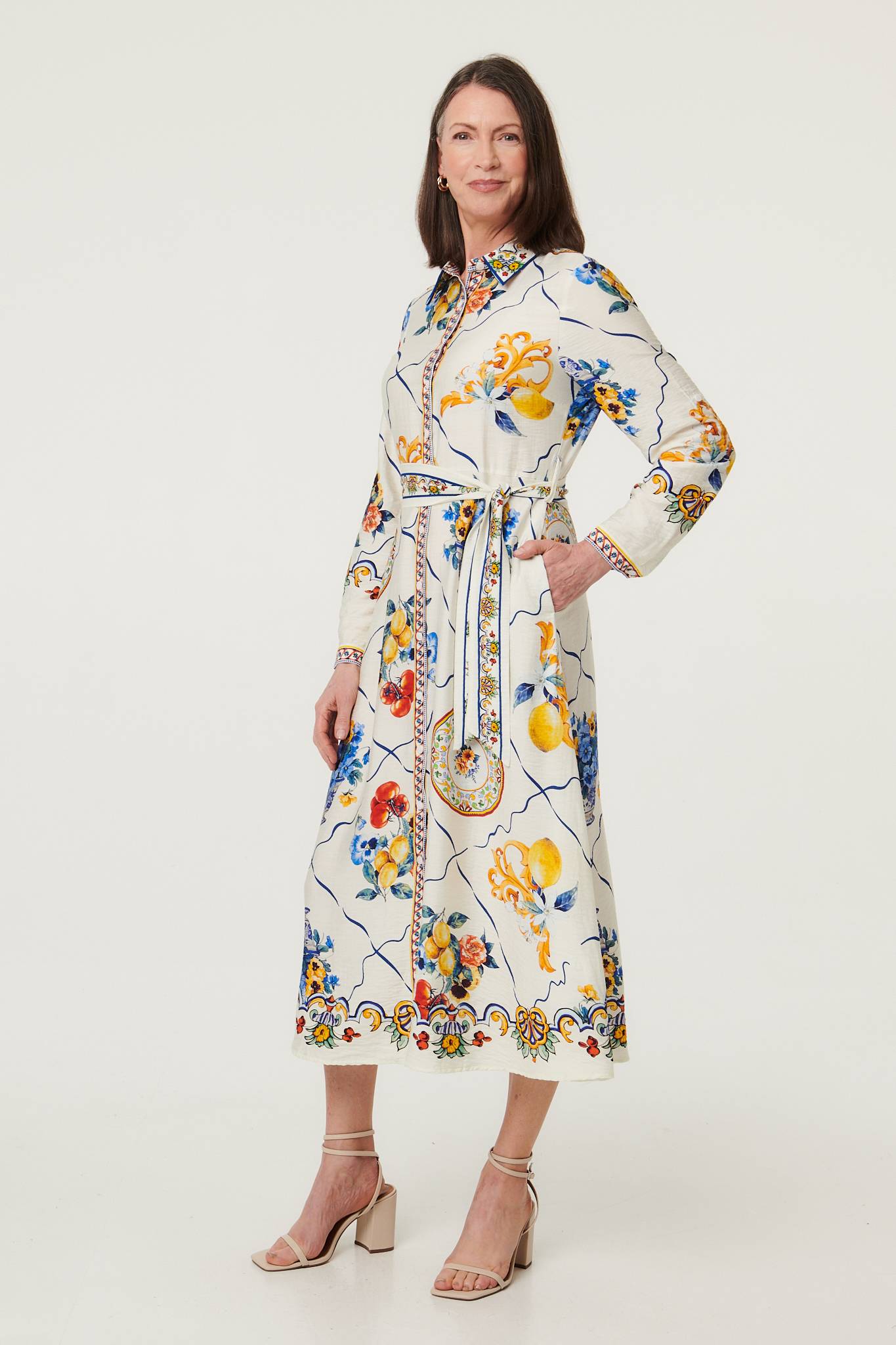 Printed Long Sleeve Maxi Shirt Dress Front View