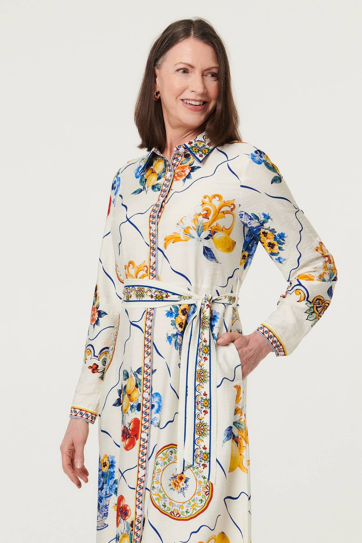 Printed Long Sleeve Maxi Shirt Dress Full Length View