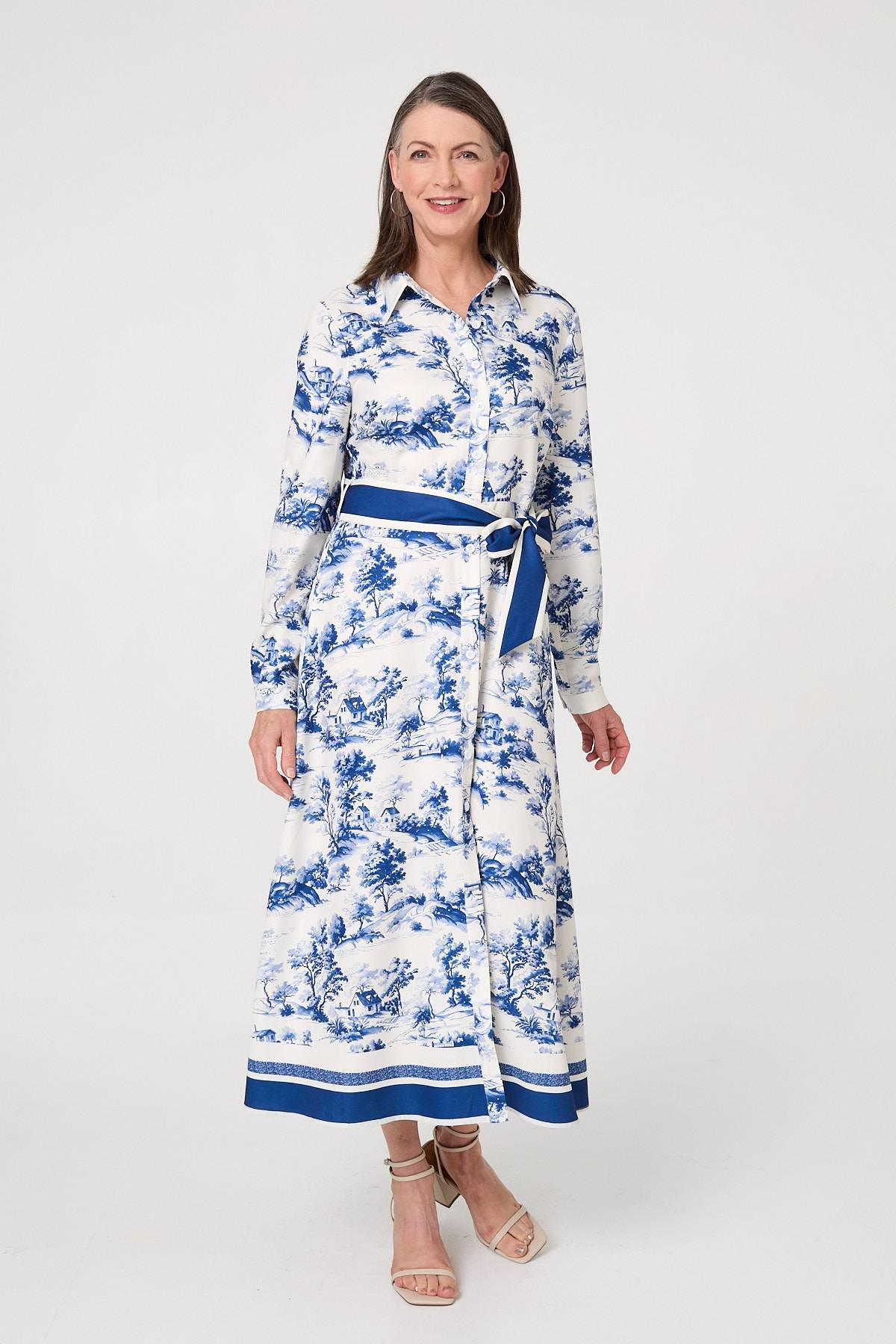 Border Print Tie Waist Maxi Shirt Dress Front View