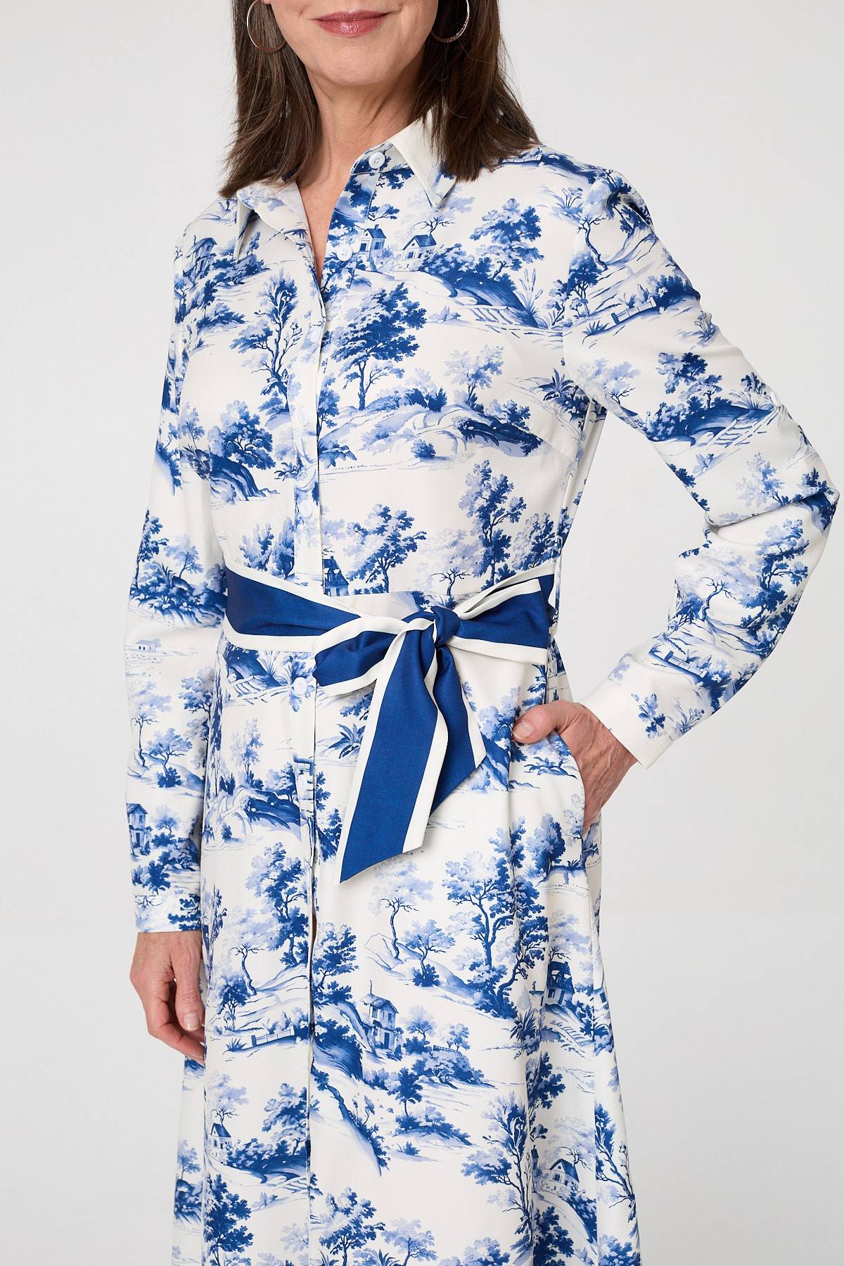 Border Print Tie Waist Maxi Shirt Dress Styled View