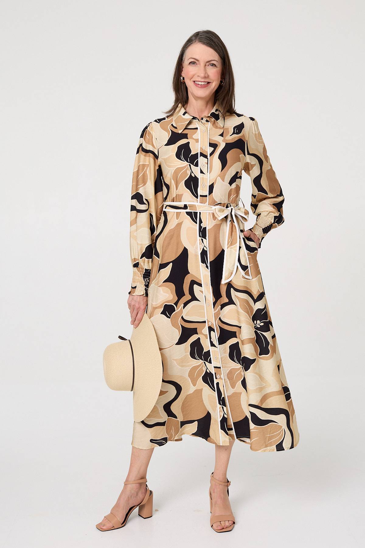 Abstract Floral Midi Shirt Dress Front View