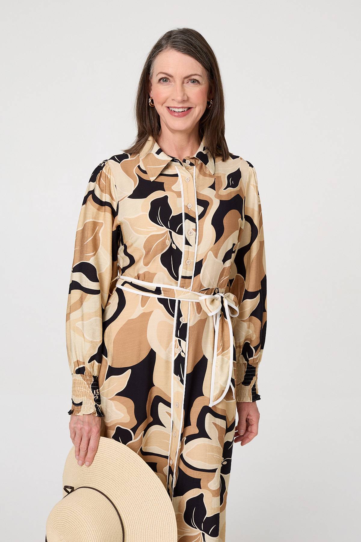 Abstract Floral Midi Shirt Dress Front View 2
