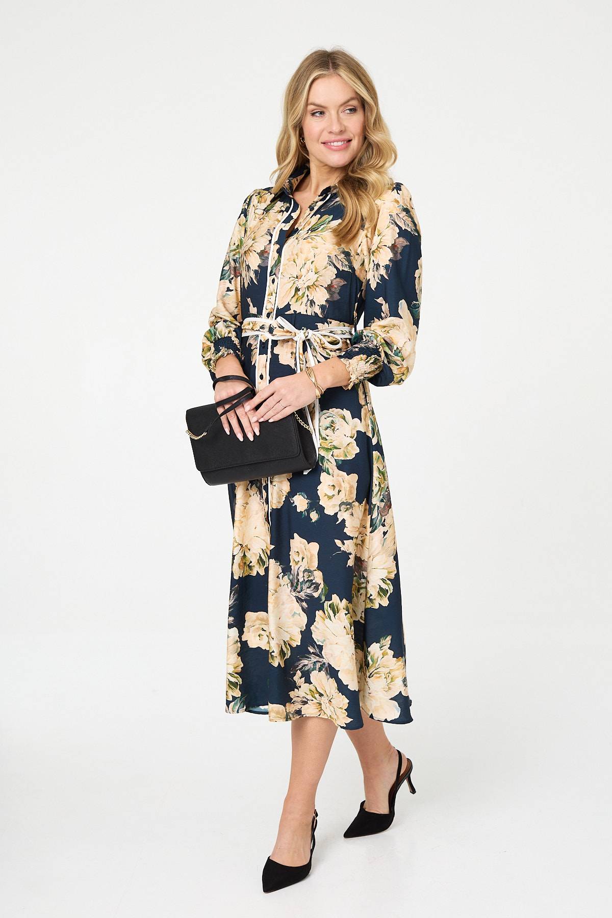 Floral Print Tie Waist Midi Shirt Dress Front View