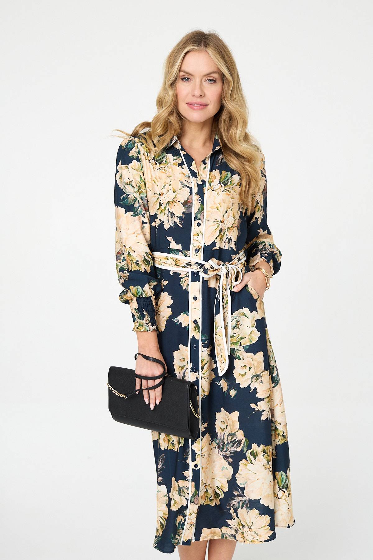 Floral Print Tie Waist Midi Shirt Dress Back View