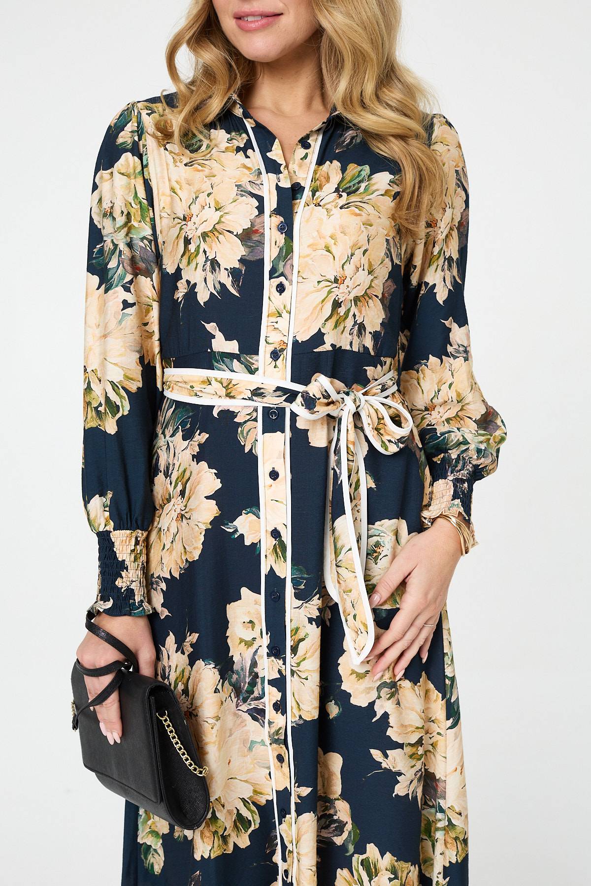 Floral Print Tie Waist Midi Shirt Dress Full Length View