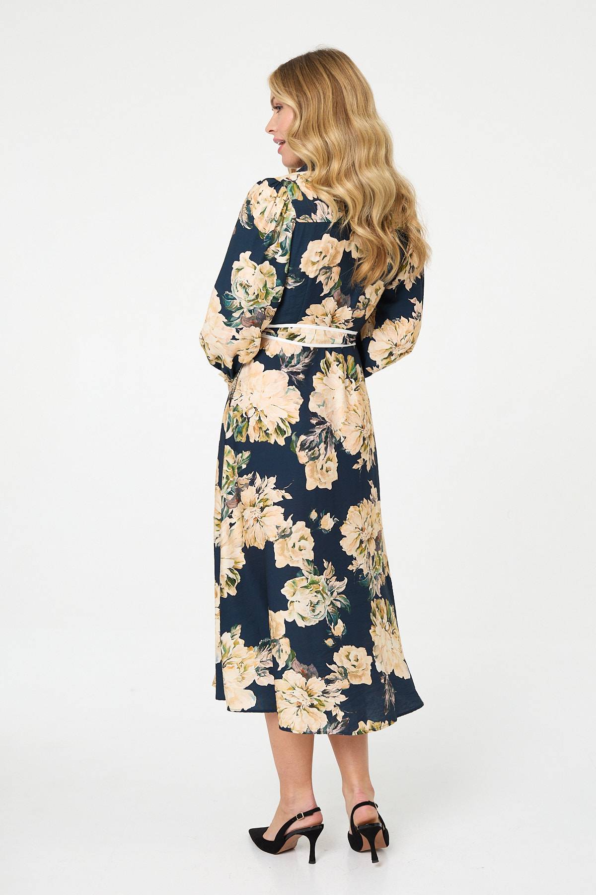 Floral Print Tie Waist Midi Shirt Dress Detail View