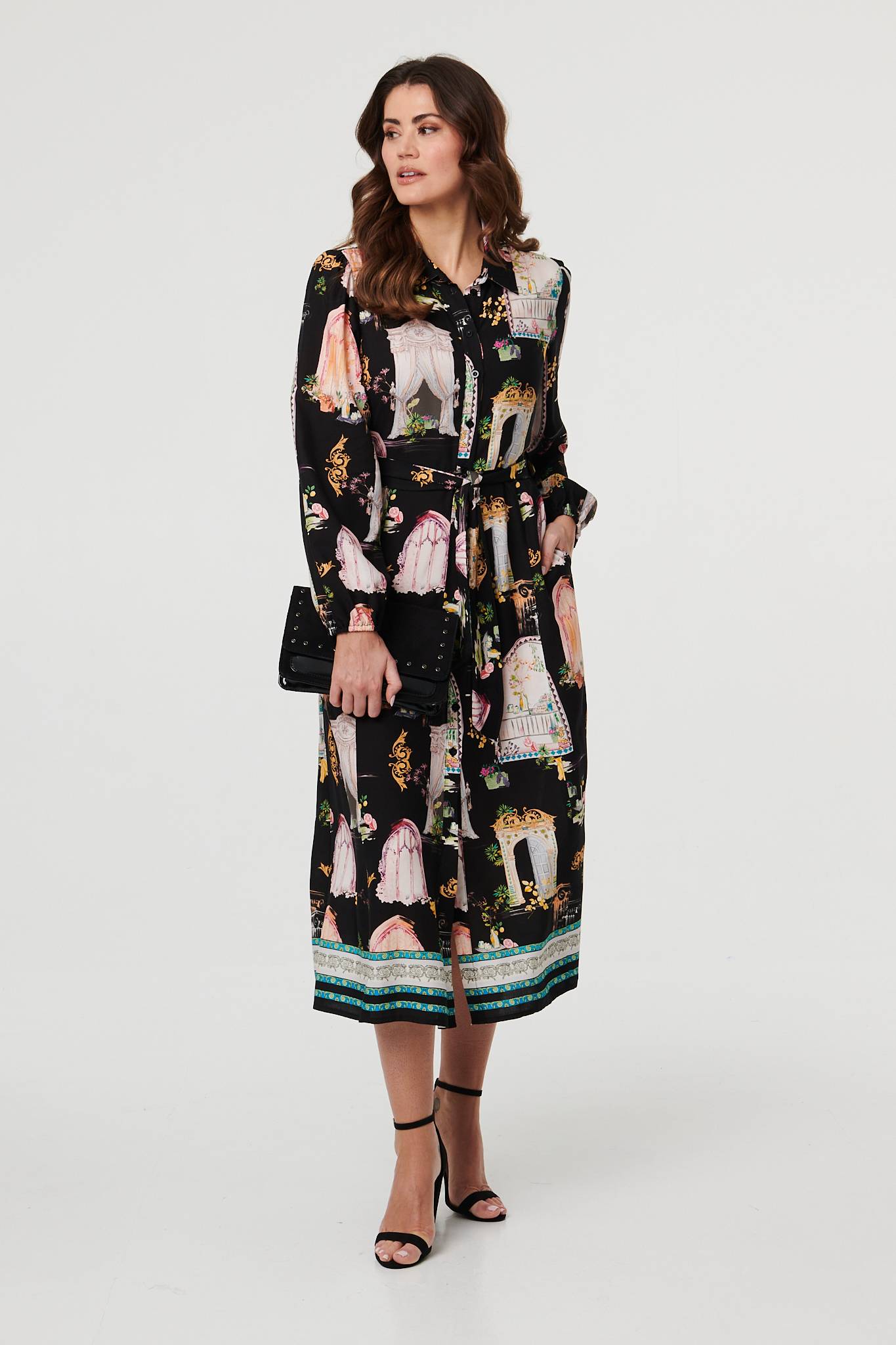 Abstract Long Sleeve Shirt Midi Dress Front View