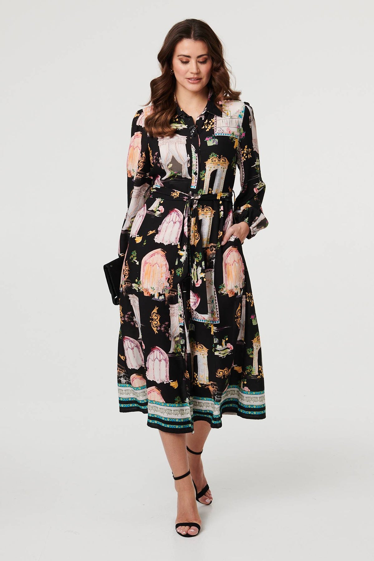 Abstract Long Sleeve Shirt Midi Dress Back View