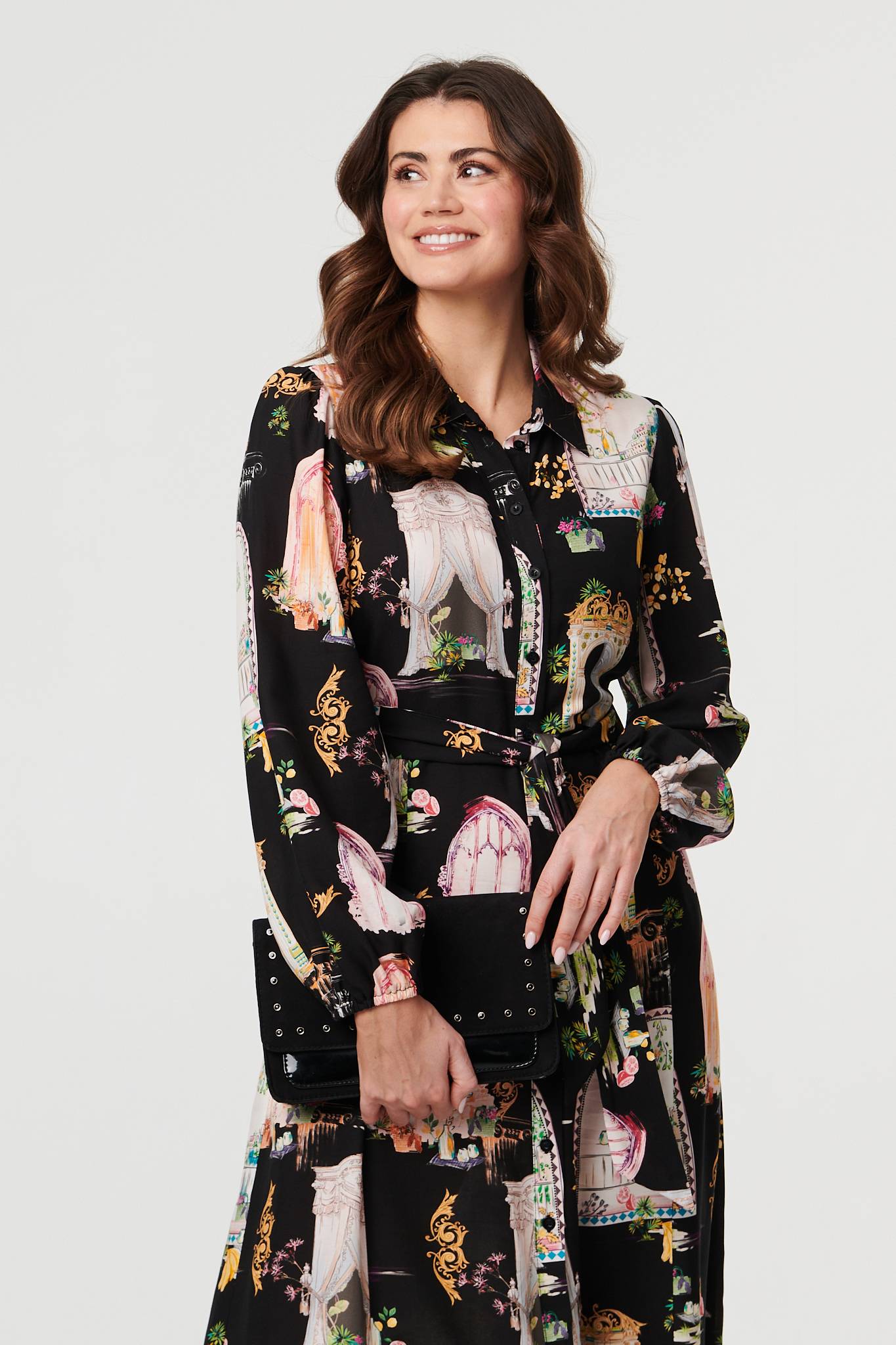 Abstract Long Sleeve Shirt Midi Dress Full Length View