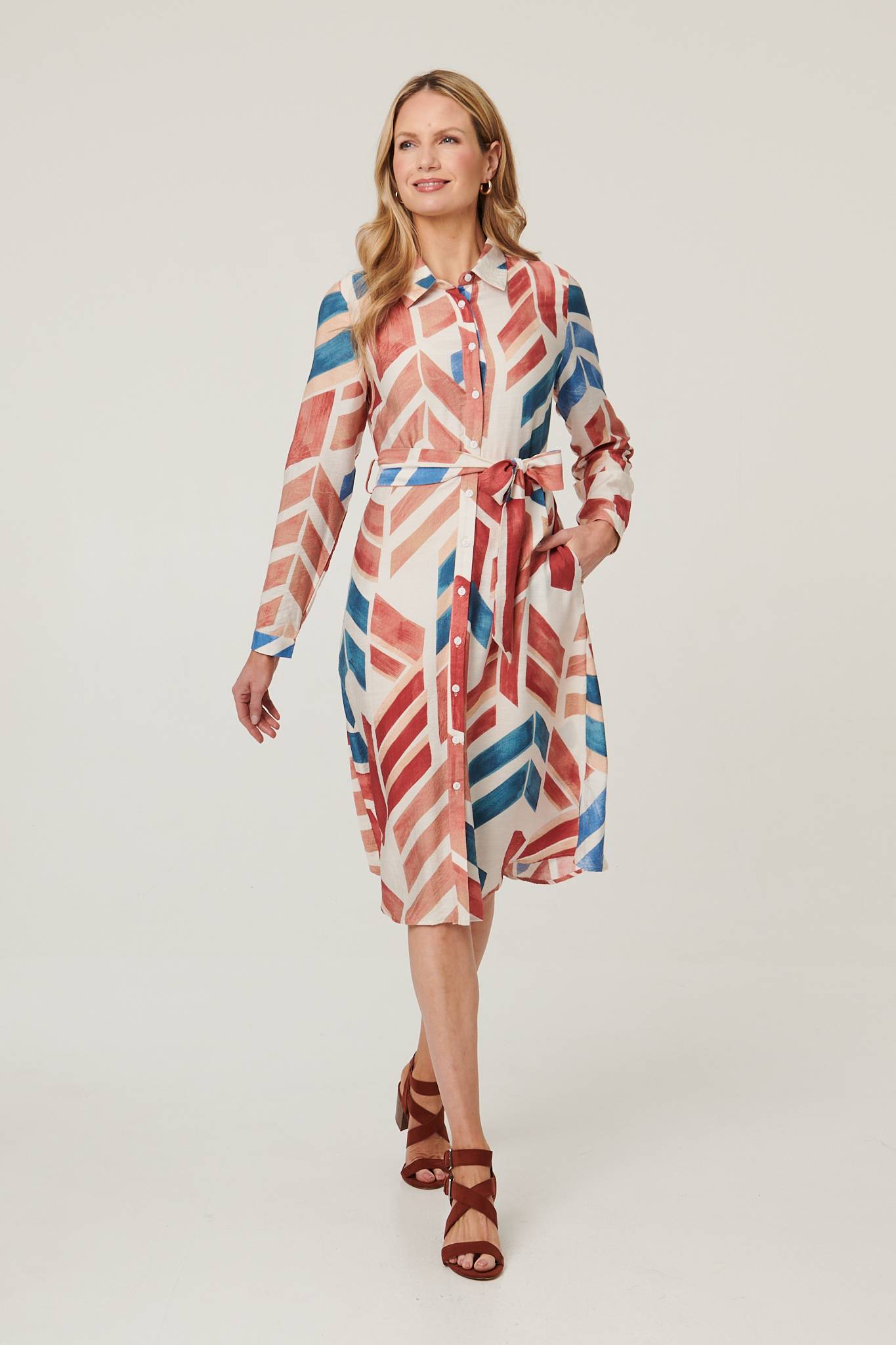 Geo Print Tie Waist Midi Shirt Dress Styled View