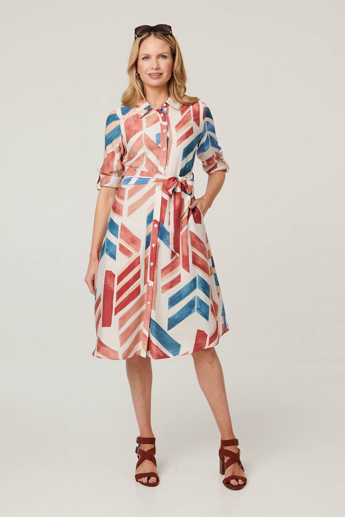 Geo Print Tie Waist Midi Shirt Dress Front View