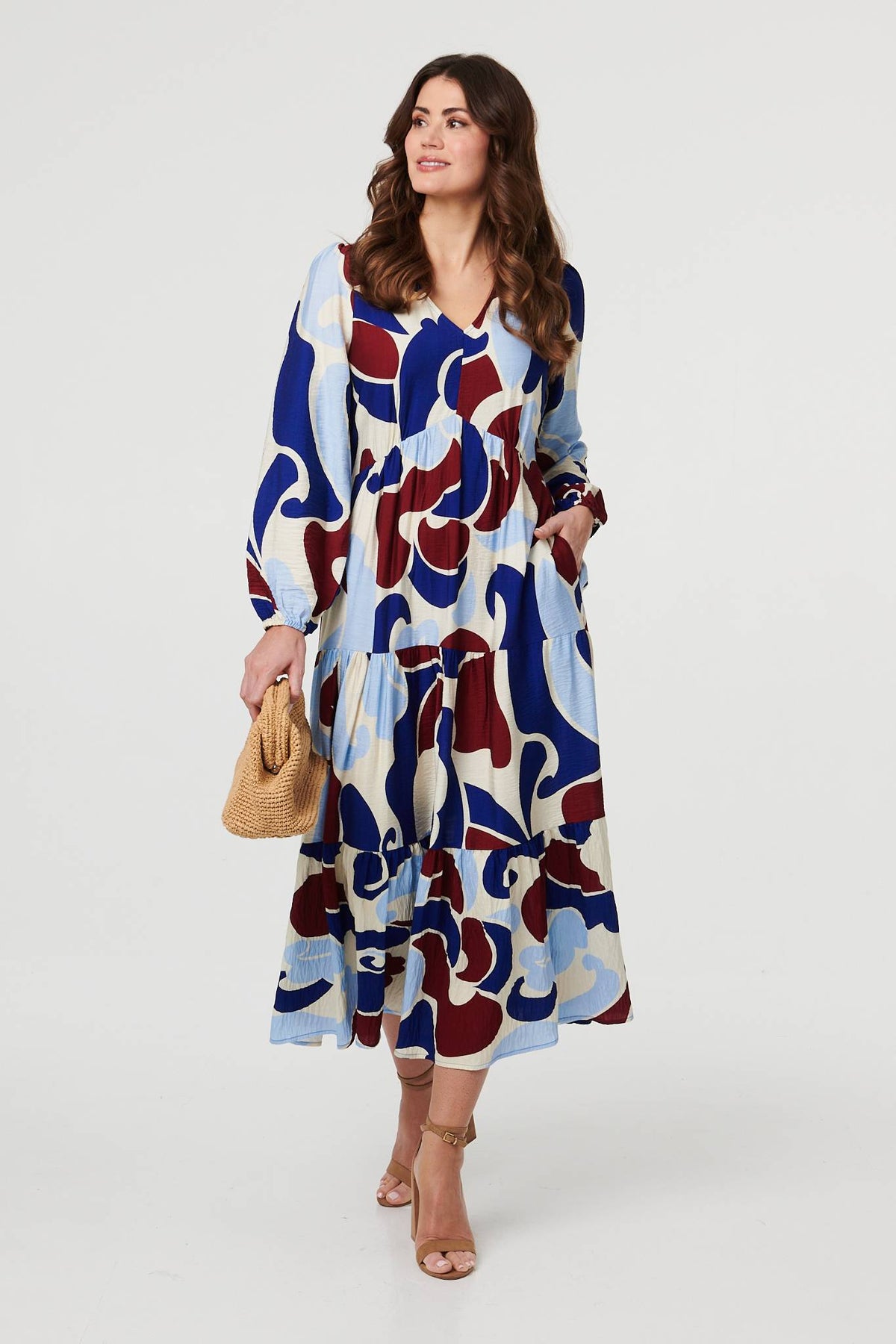 Abstract Tiered Long Sleeve Midi Dress Back View