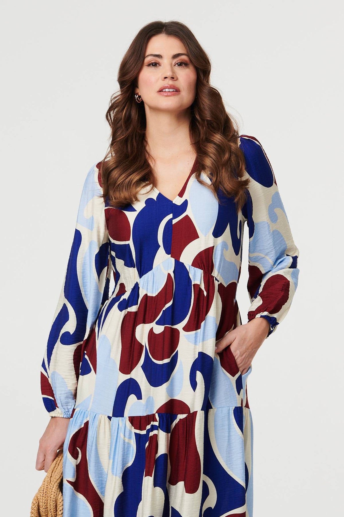 Abstract Tiered Long Sleeve Midi Dress Styled View