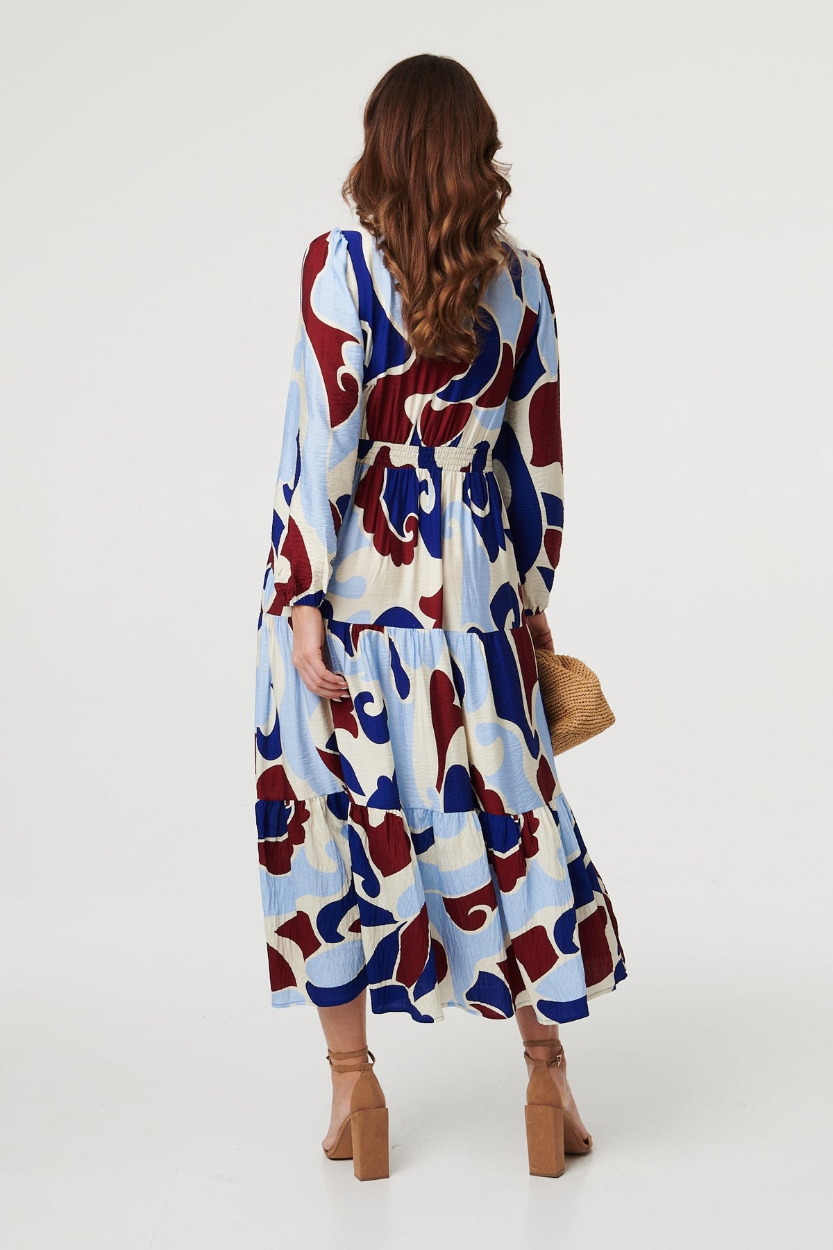 Abstract Tiered Long Sleeve Midi Dress Side View
