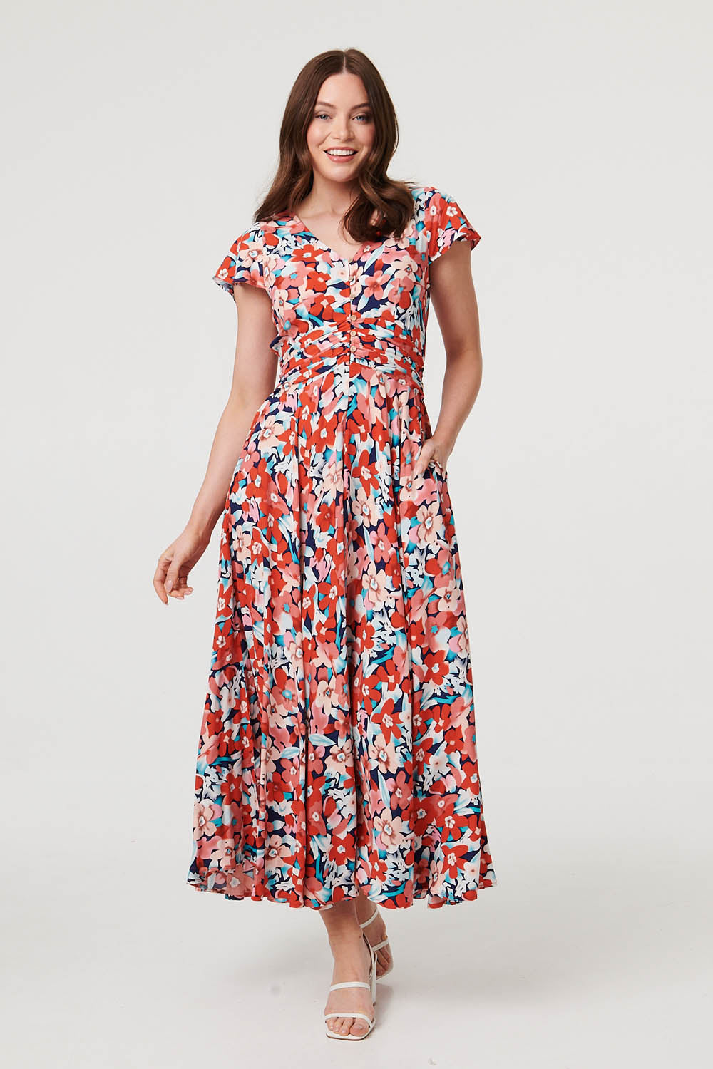 Ruched Tie Back Cap Sleeve Maxi Dress Detail View
