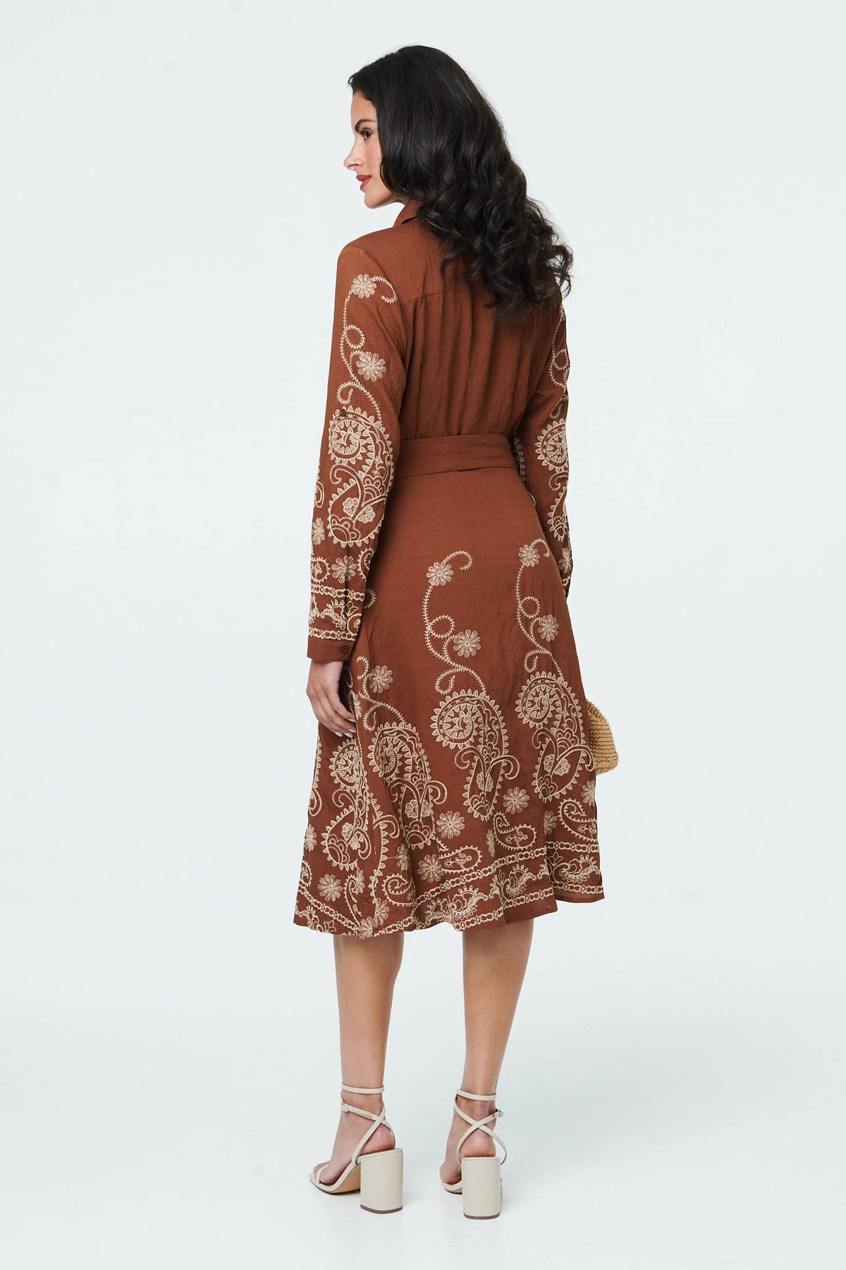 Embroidered Long Sleeve Shirt Midi Dress Detail View 2