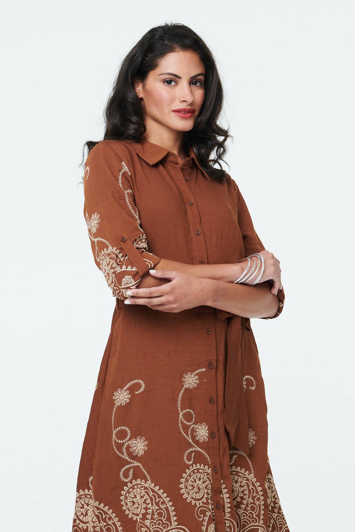 Embroidered Long Sleeve Shirt Midi Dress Side View 2