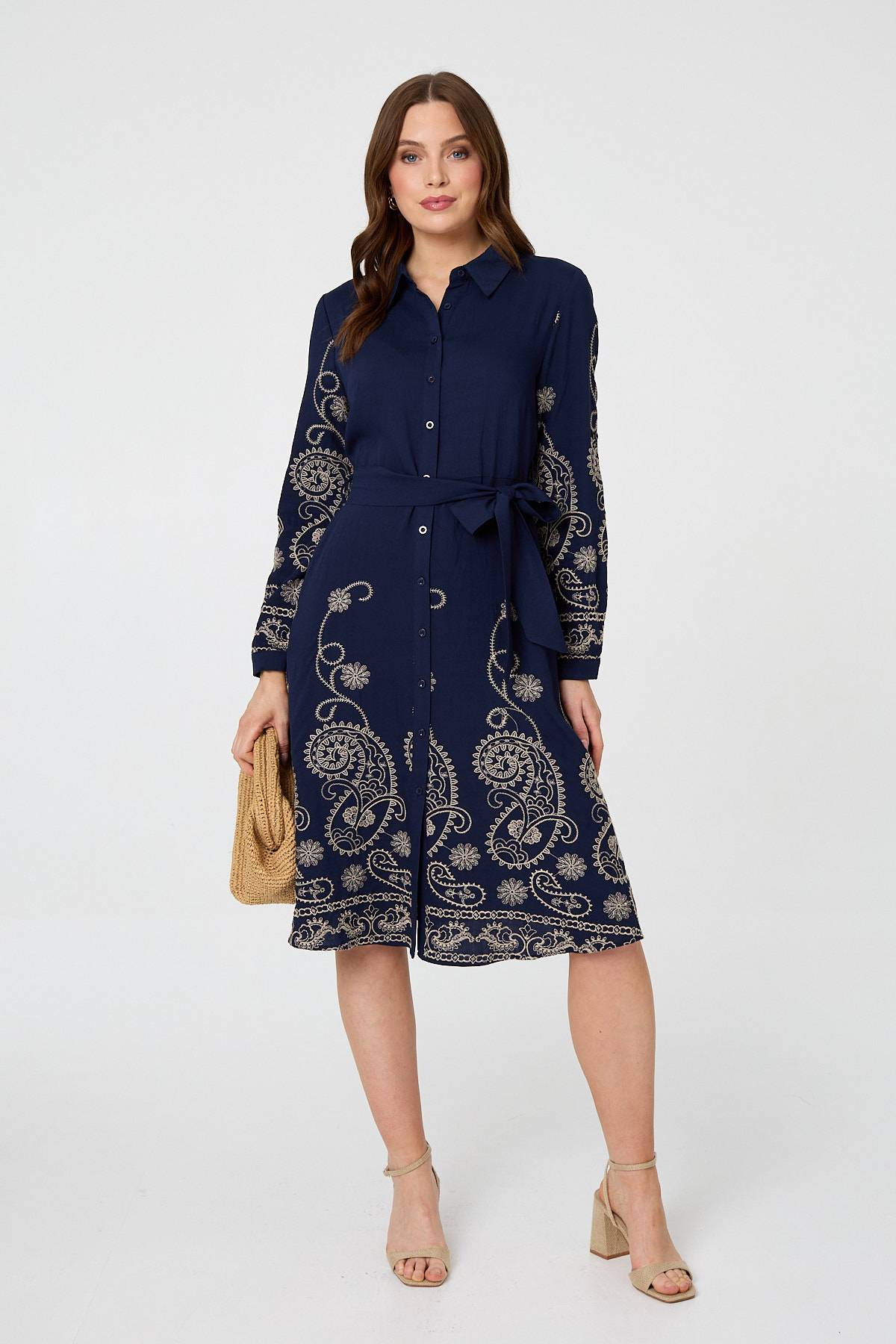 Embroidered Long Sleeve Shirt Midi Dress Back View