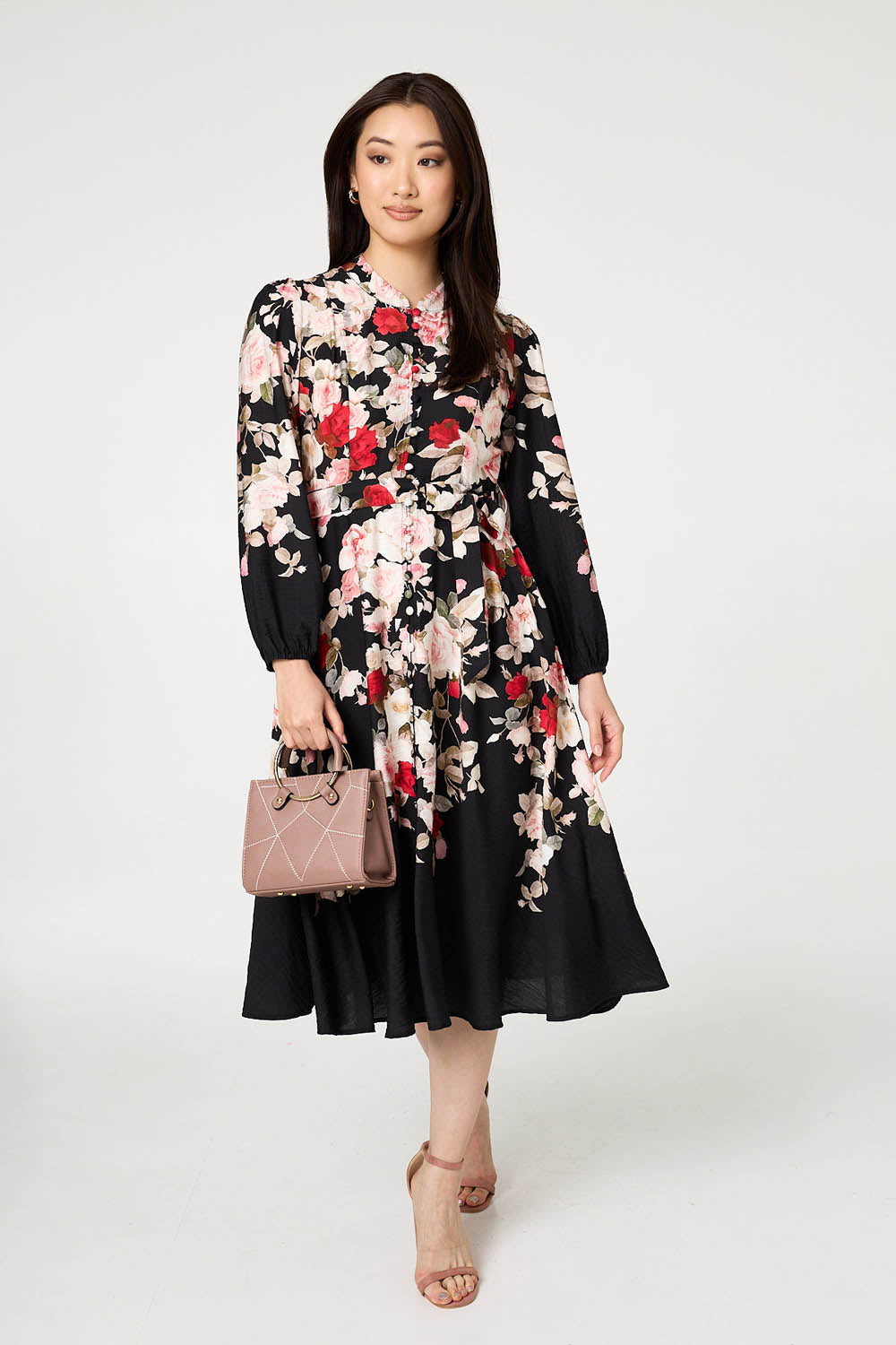 Floral Tie Waist Long Sleeve Midi Dress Back View 2