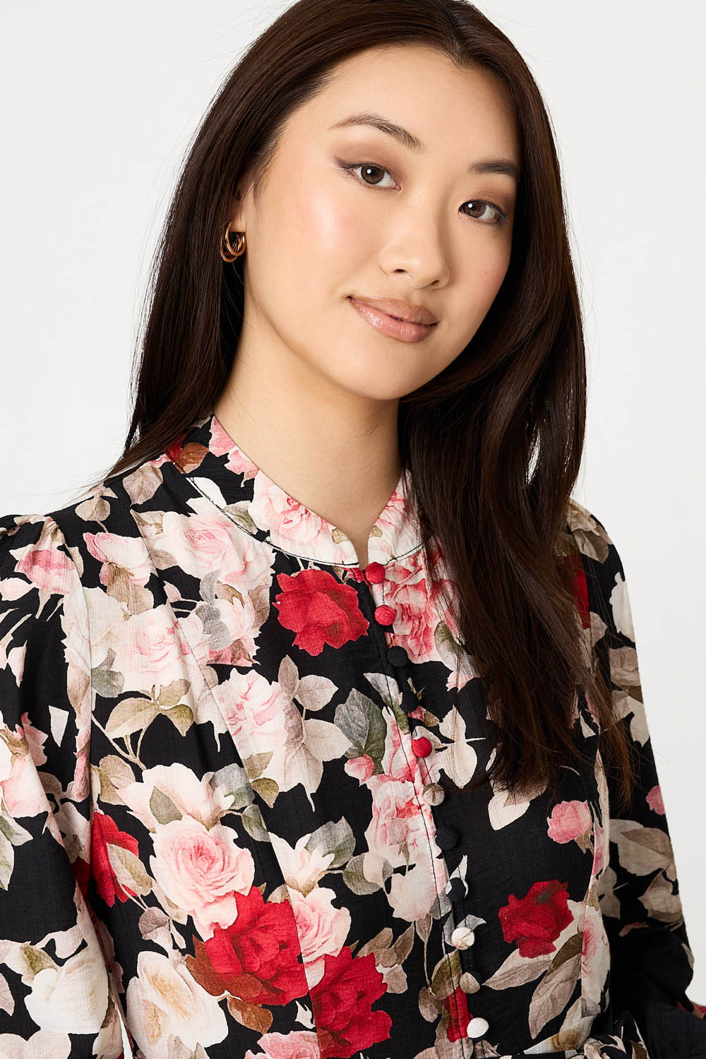Floral Tie Waist Long Sleeve Midi Dress Full Length View 2