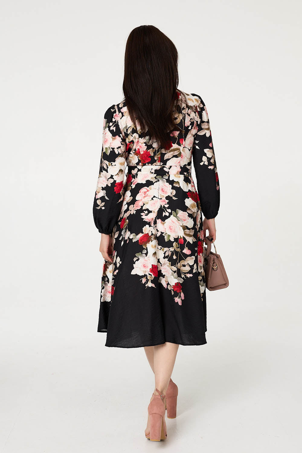 Floral Tie Waist Long Sleeve Midi Dress Detail View 2