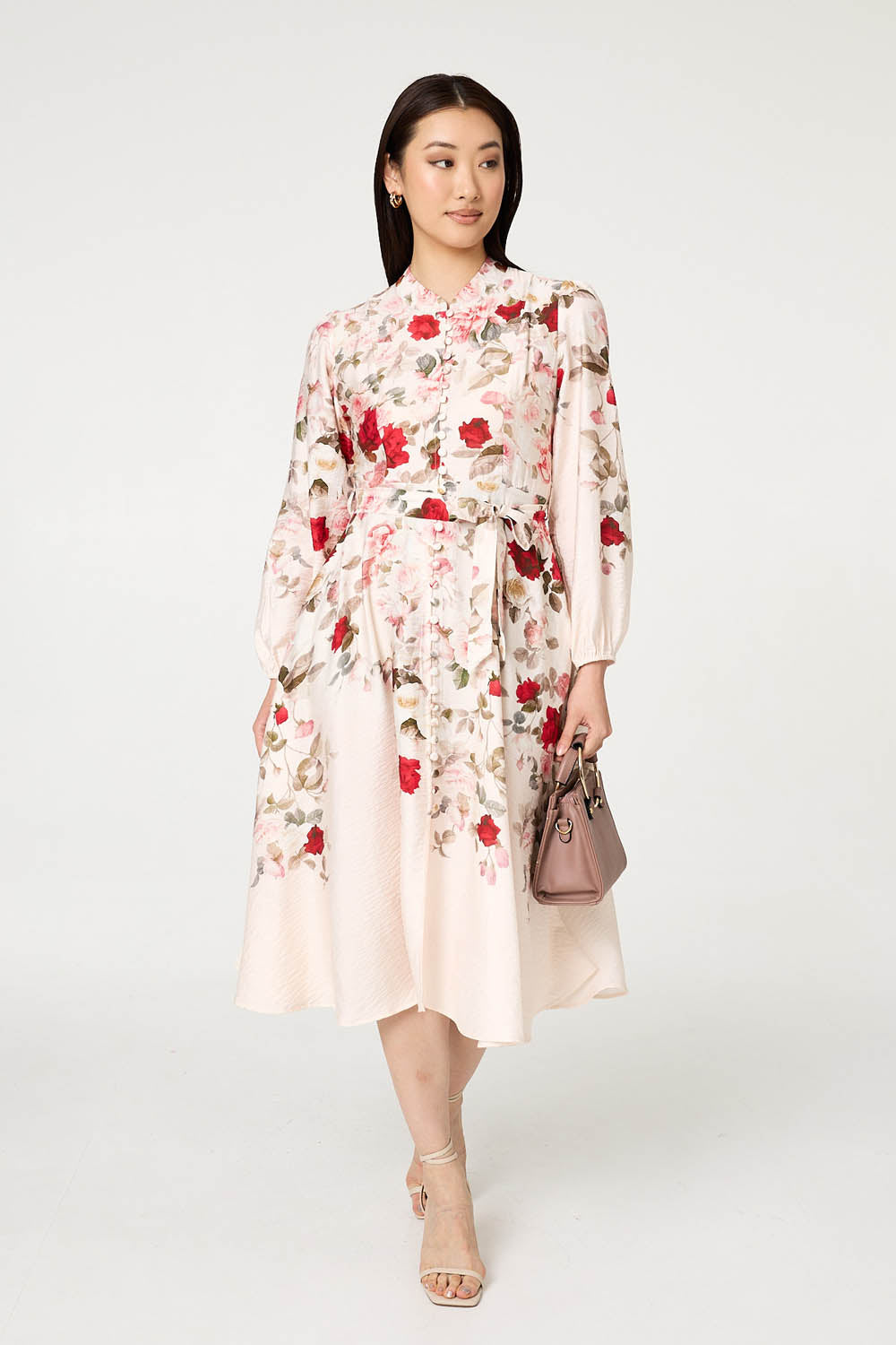 Floral Tie Waist Long Sleeve Midi Dress Front View