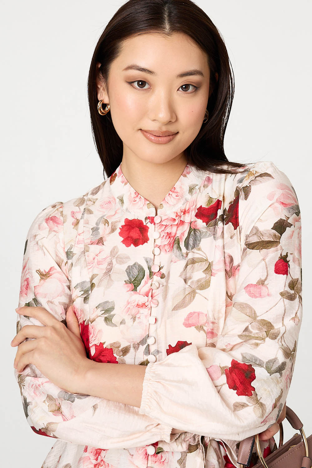 Floral Tie Waist Long Sleeve Midi Dress Styled View