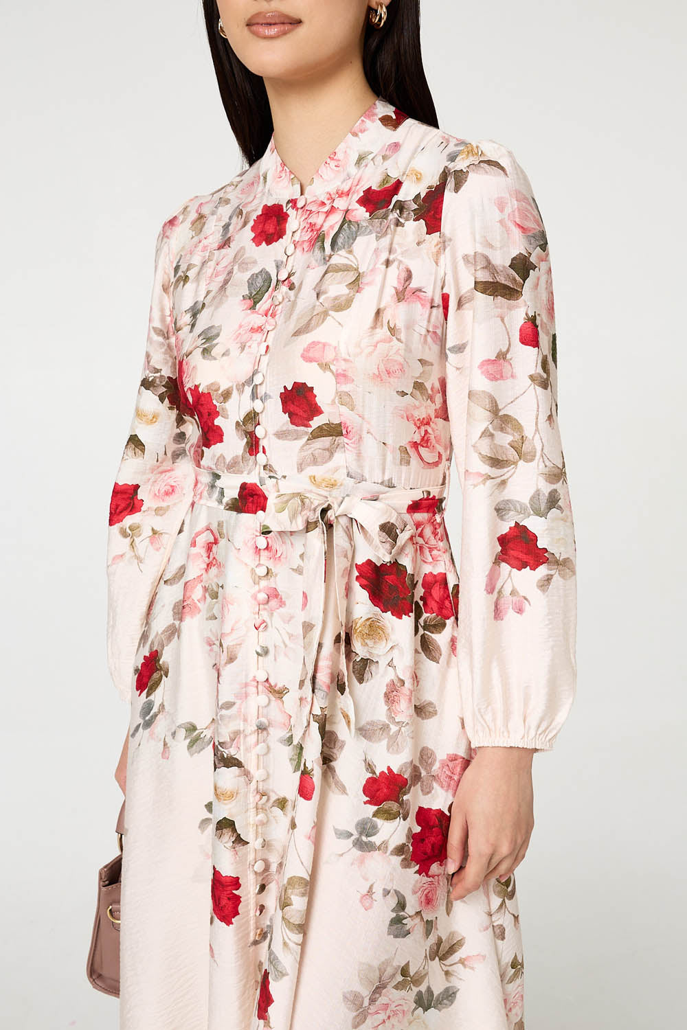 Floral Tie Waist Long Sleeve Midi Dress Full Length View