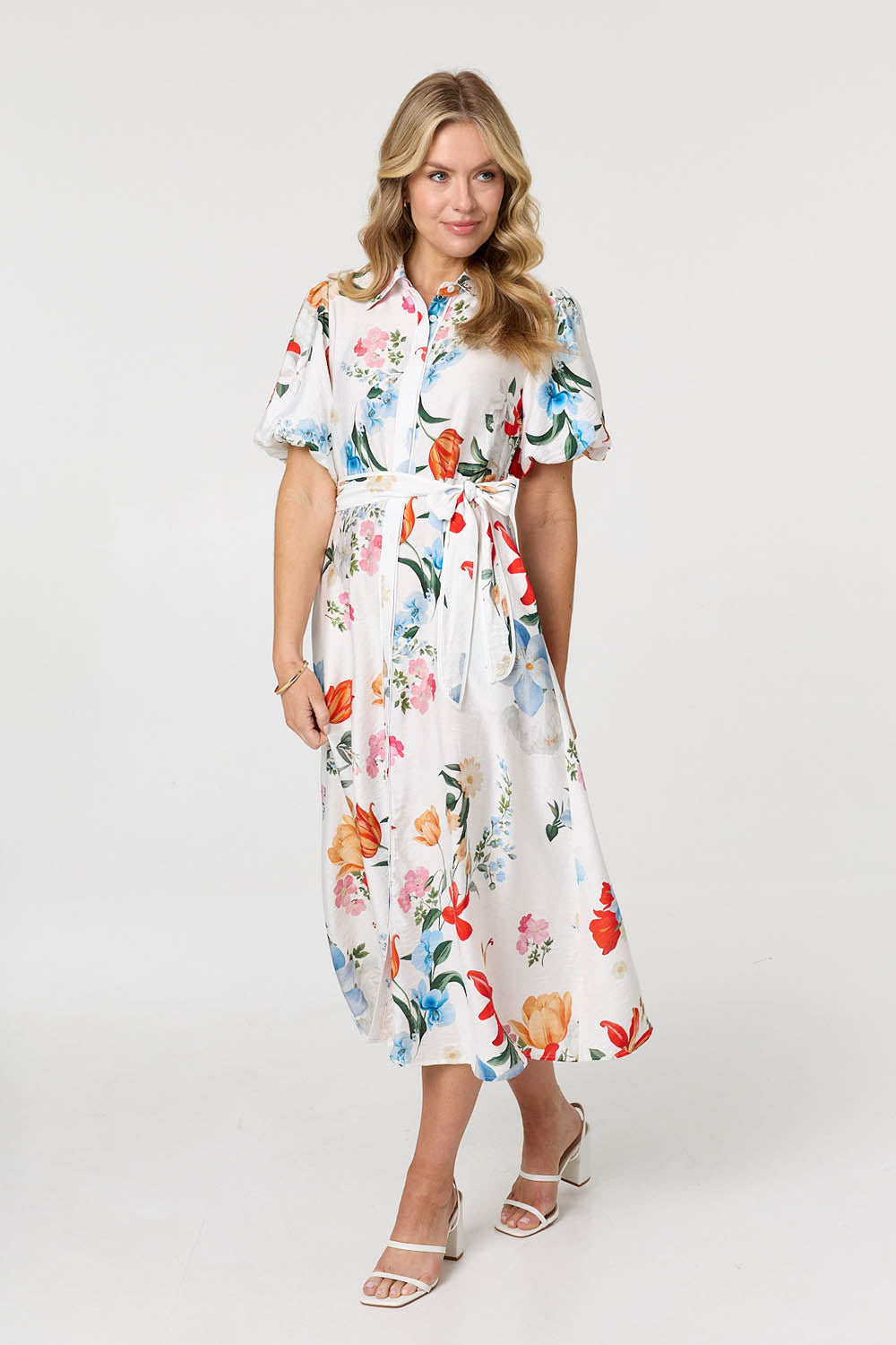 Floral 1/2 Puff Sleeve Midi Shirt Dress Front View