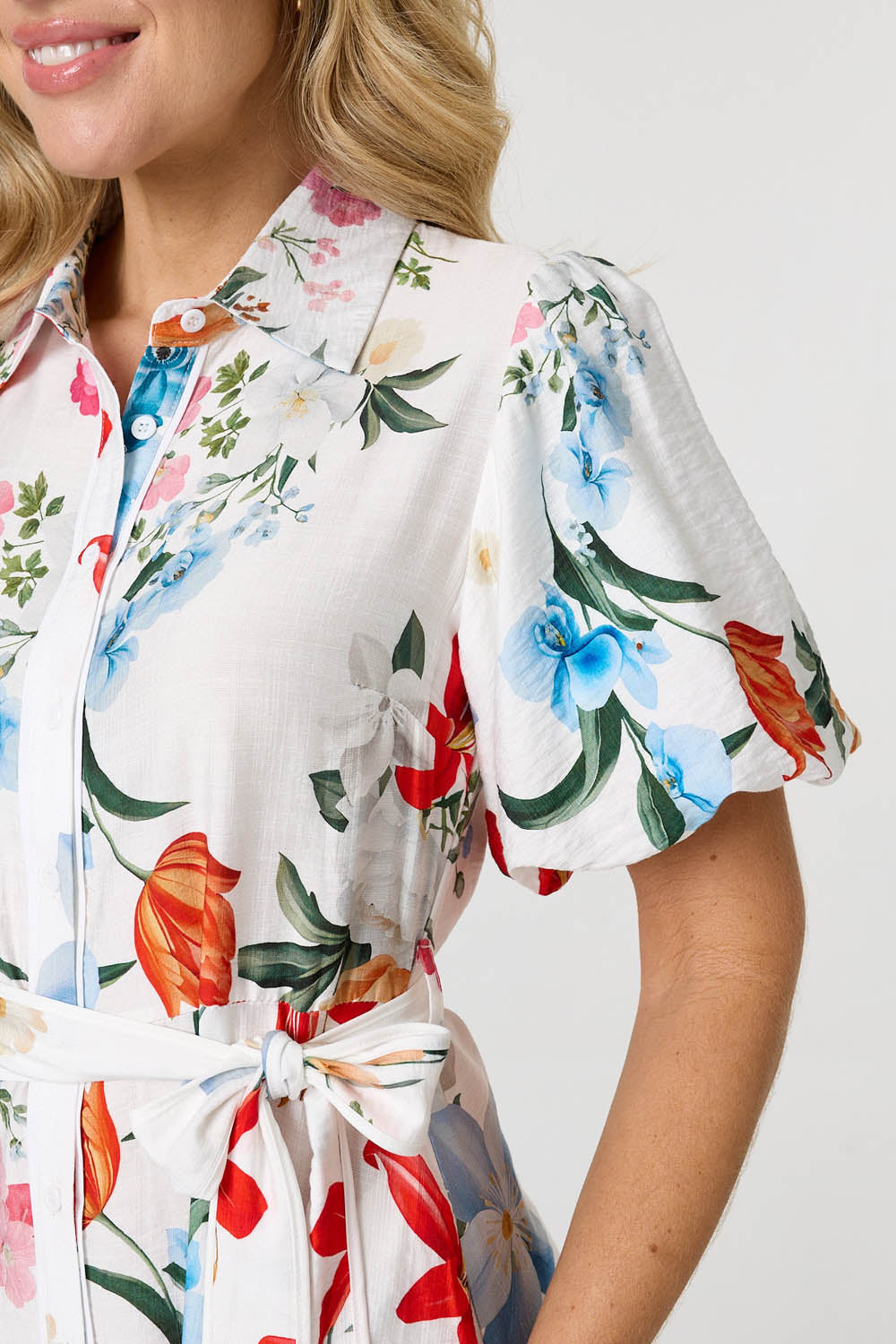 Floral 1/2 Puff Sleeve Midi Shirt Dress Front View 2