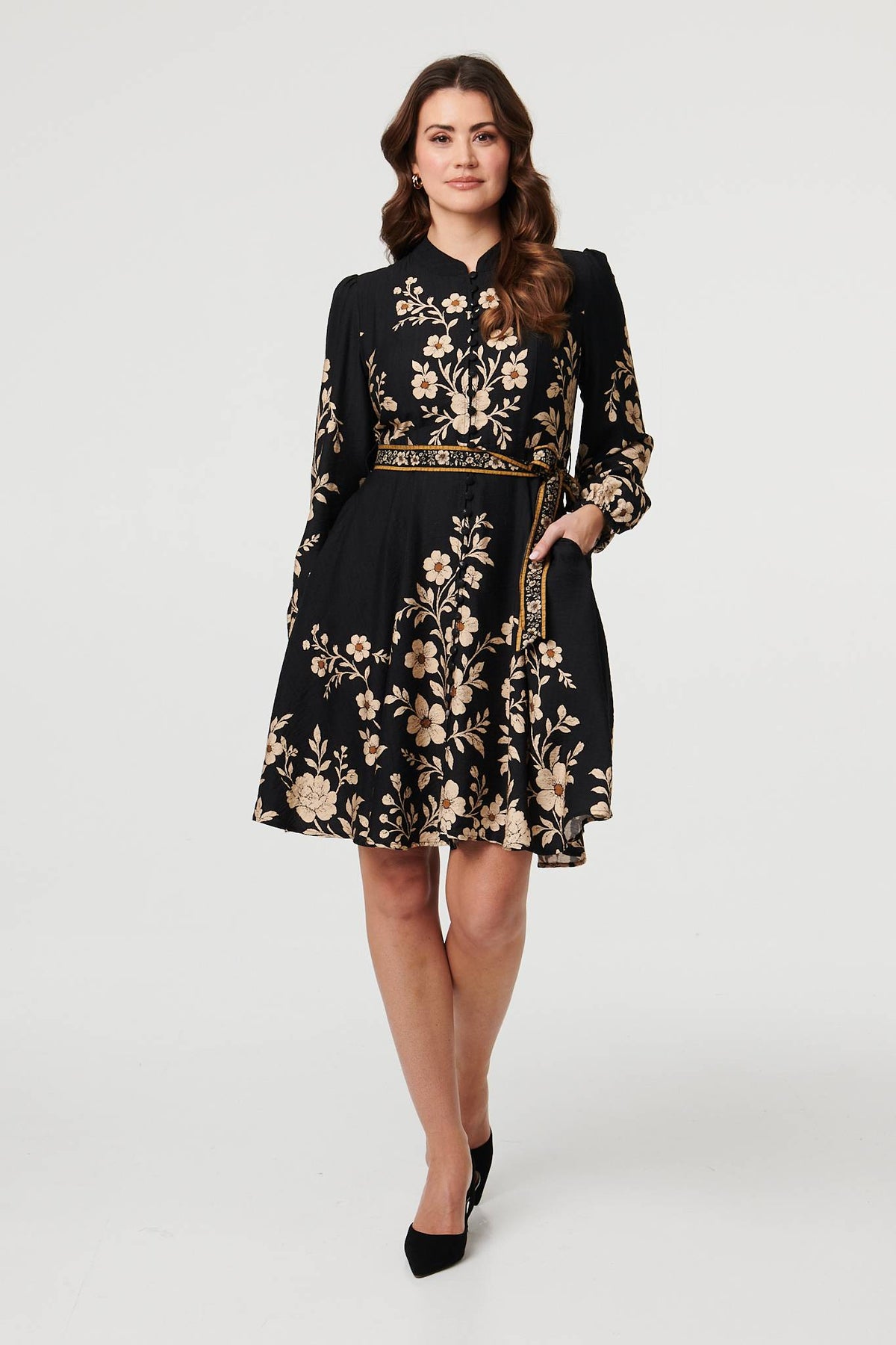 Floral Tie Waist A-Line Knee Length Dress Front View