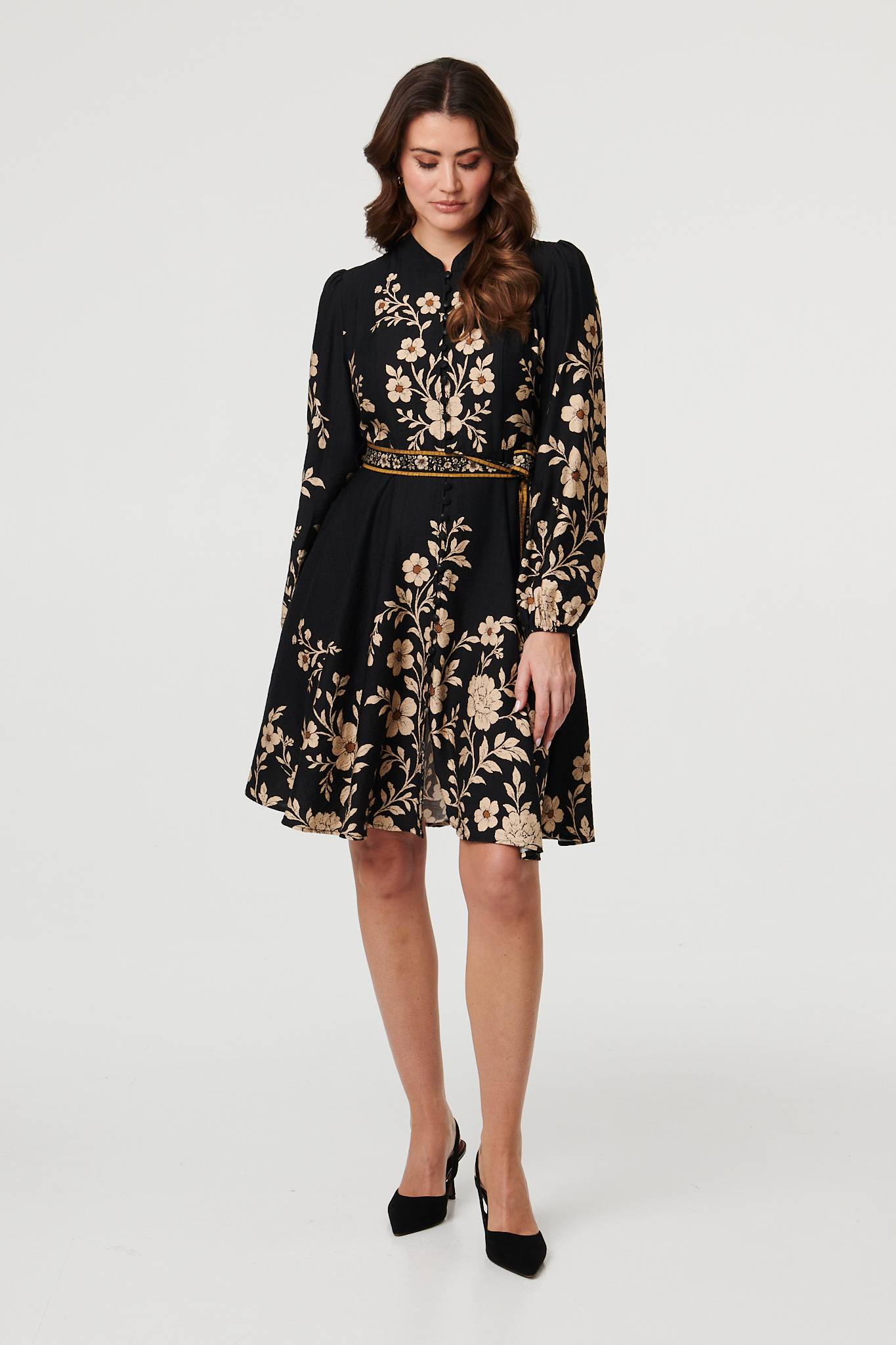 Floral Tie Waist A-Line Knee Length Dress Detail View