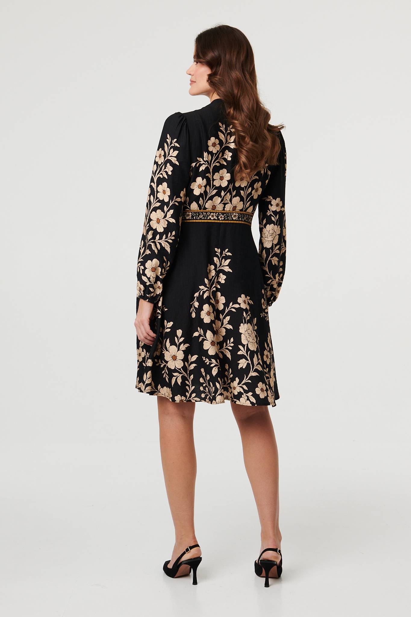 Floral Tie Waist A-Line Knee Length Dress Side View