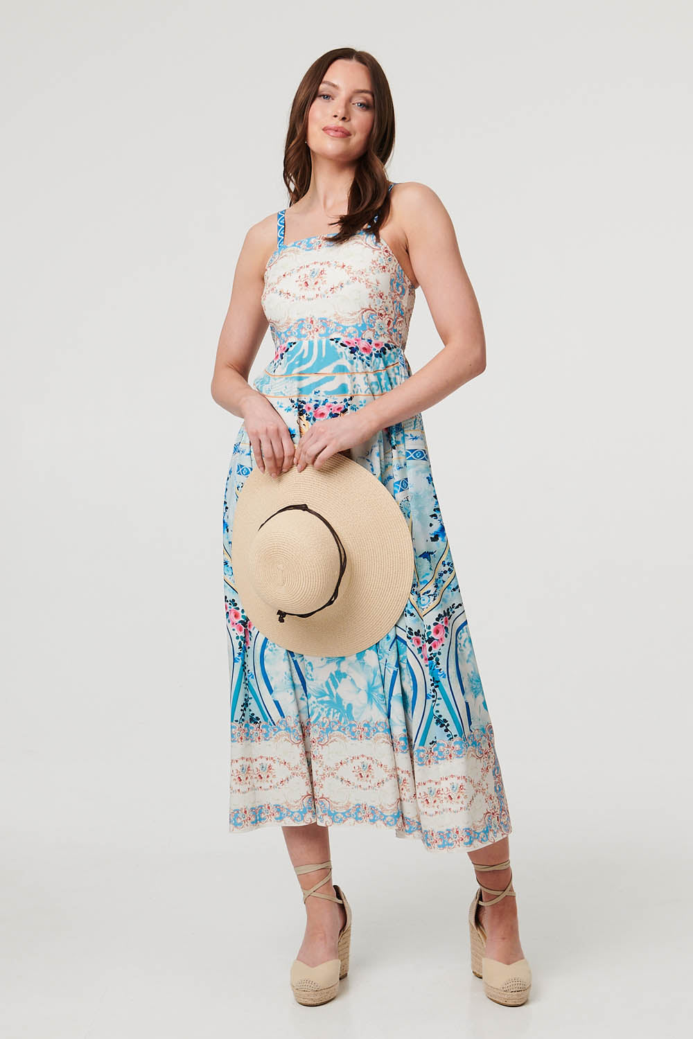 Border Print Wide Strap Midi Sun Dress Front View