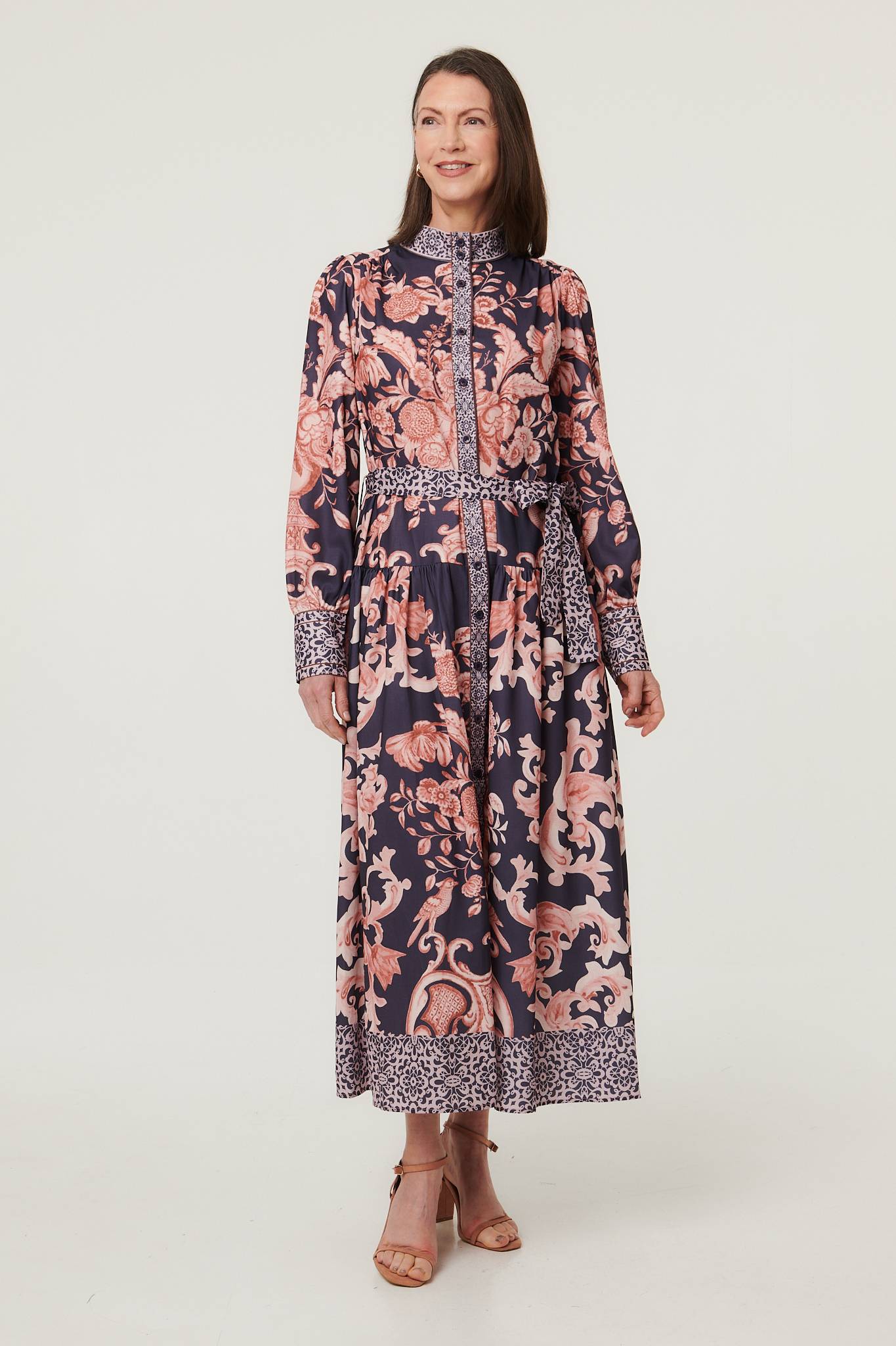 Border Print High Neck Maxi Shirt Dress Front View
